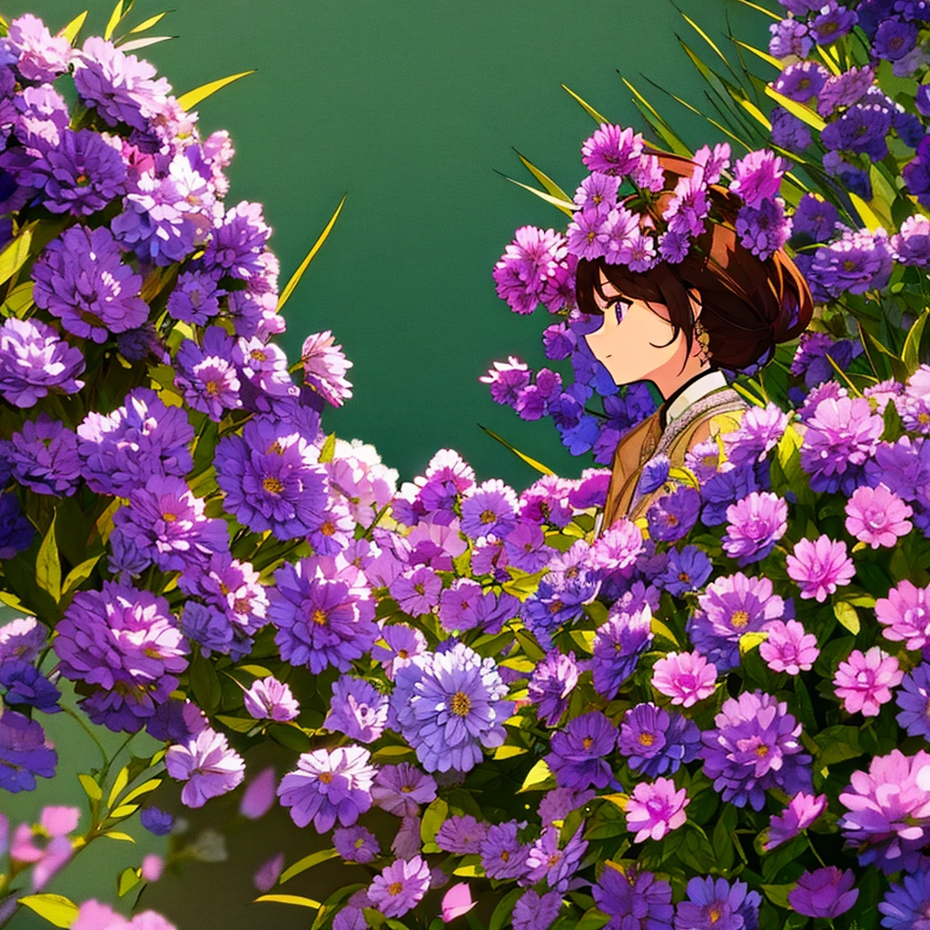 A woman surrounded by purple flowers, simple, nostalgic