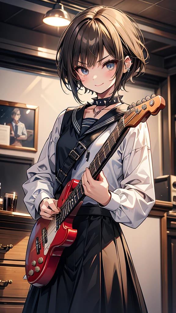 Very short spiked hair　dull brown hair　length, Narrow eyes　smile　Glare　frivolous attitude　Country-style black sailor suit　Nagoya collar　Long skirt　Country music room　Holding a blue electric guitar