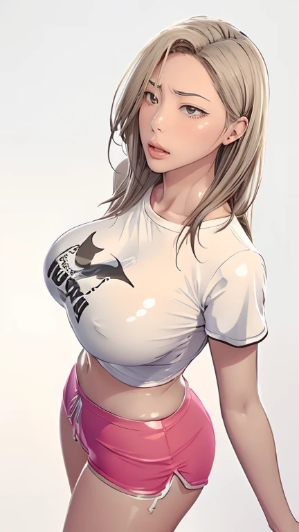 （（（Perfect figure，figure，solo， White and tender skin，（（（cyberpunk，short sleeves,  dolphin shorts,  transparent t-shirt, pink shorts, white shirt, , ））），（（（MiaChadef, long hair, blonde hair, brown eyeasterpiece)),high resolution, ((Best quality at best))，masterpiece，quality，Best quality，（（（ Exquisite facial features，Looking at the audience,There is light in the eyes，(（（lol，Happy，））），））），（（（Light and shadow，Huge breasts））），（（（Looking at the camera，White background，Lying on the ground，Look up at the camera，from above，Overlooking)）））
