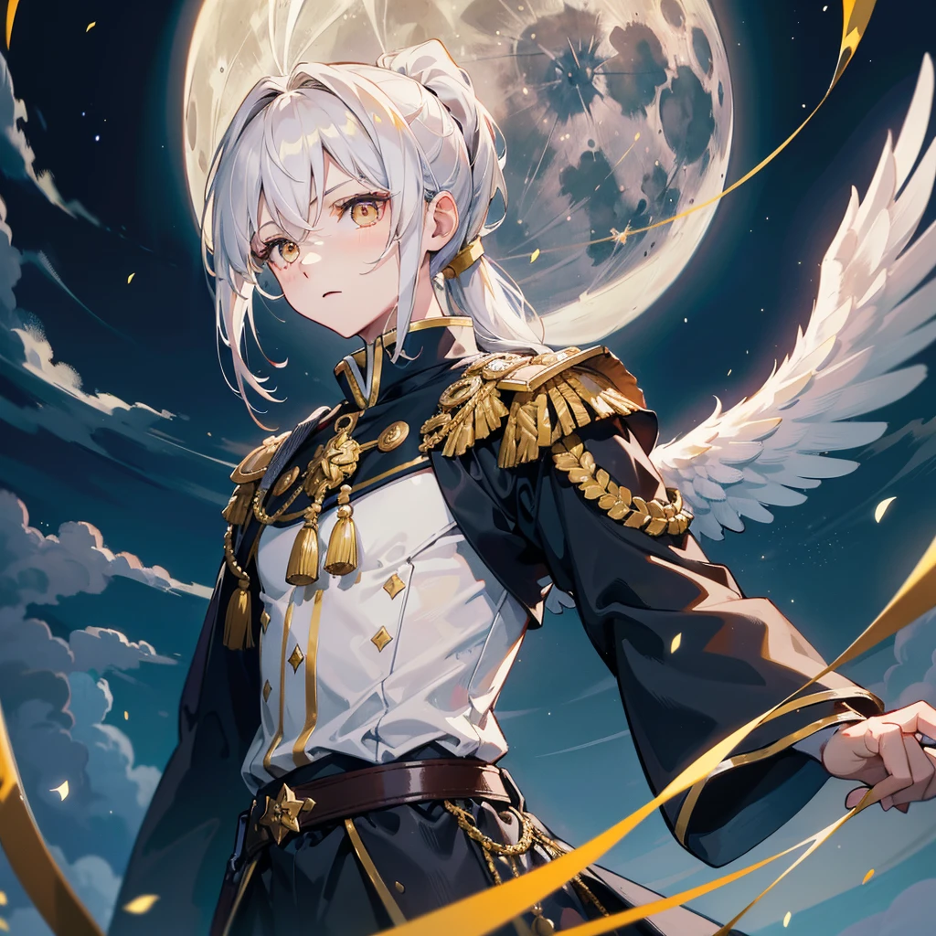 Best quality, masterpiece, boy, светло голубые hair, fabric bandage on 1 eye, Ponytail, Golden eyes, fantasy military clothing, nimbus, Angel wings ,hair,White skin, against the background of the moon, Light from the Moon, ultra detail, 8k