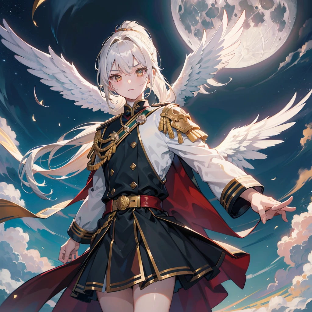 Best quality, masterpiece, boy, светло голубые hair, fabric bandage on 1 eye, Ponytail, Golden eyes, fantasy military clothing, nimbus, Angel wings ,hair,White skin, against the background of the moon, Light from the Moon, ultra detail, 8k
