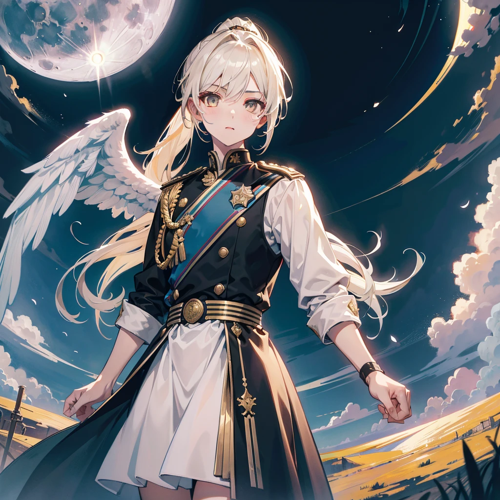 Best quality, masterpiece, boy, светло голубые hair, fabric bandage on 1 eye, Ponytail, Golden eyes, fantasy military clothing, nimbus, Angel wings ,hair,White skin, against the background of the moon, Light from the Moon, ultra detail, 8k