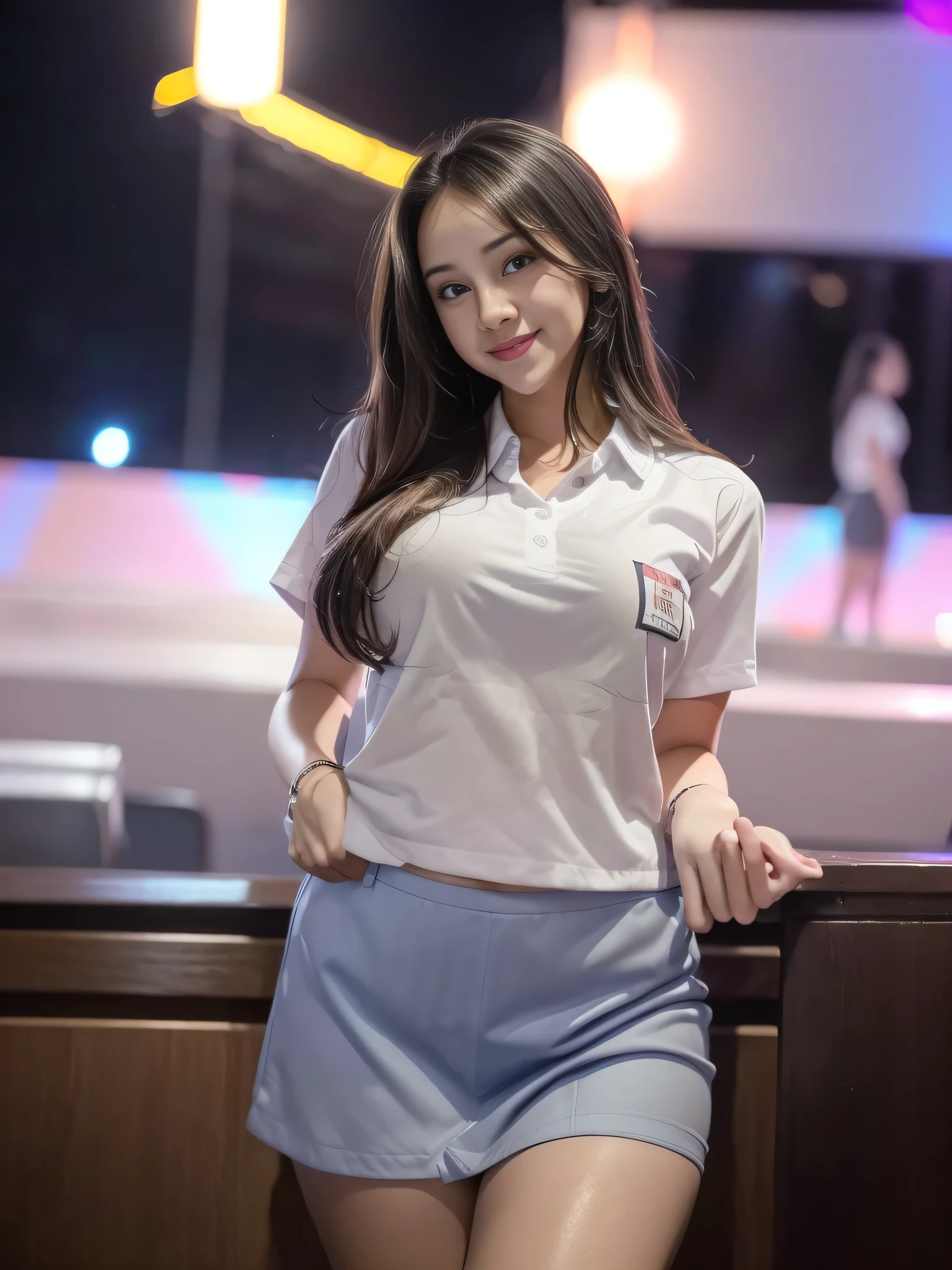 1girl, solo, (uniform), at night club, beautiful realistic city scenery at the background, cute little smile, thick breasts, smooth skin, tight white shirt, grey blue short skirt, looking at the audience, (zoom out:1.4), (8k, RAW photo, best quality, masterpiece: 1.3), (realistic, realistic: 1.37), ultra-high resolution