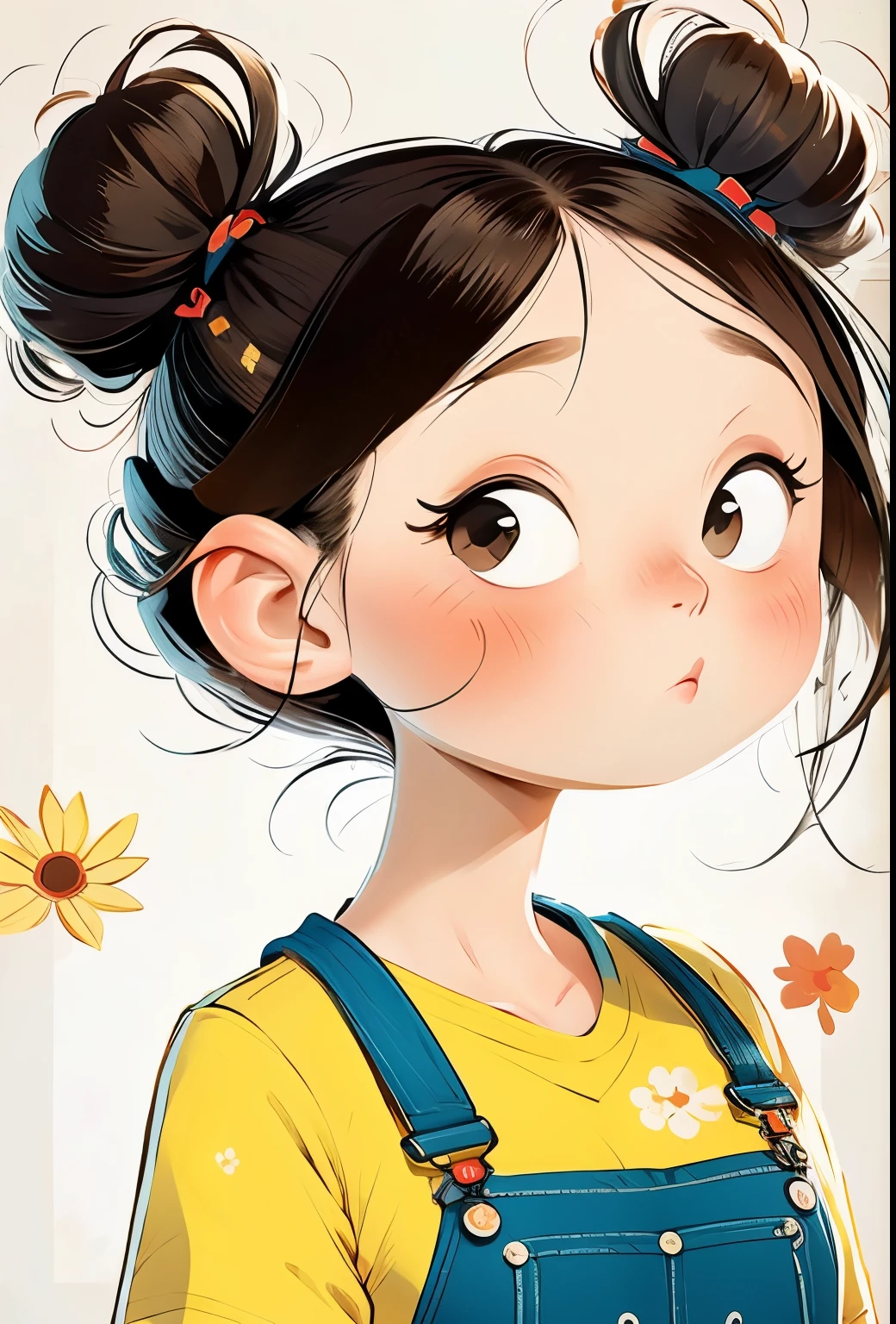(masterpiece, best quality:1.2), number，cartoonish character design。1 girl, alone，big eyes，Cute expression，1 bun，Floral shirt，Overalls，hand，avatar，portrait，interesting，interesting，clean lines，Human anatomy is correct
