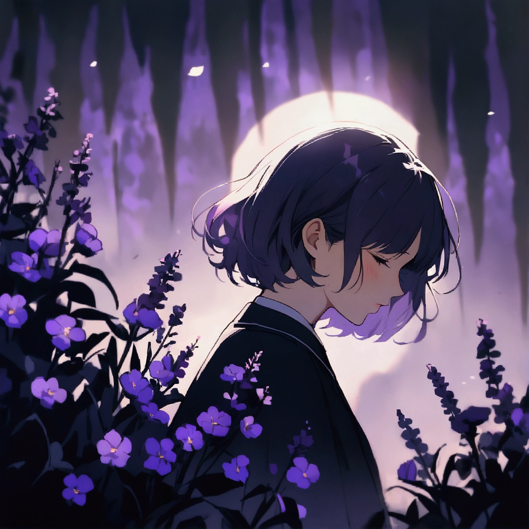 A woman surrounded by purple flowers, simple, nostalgic