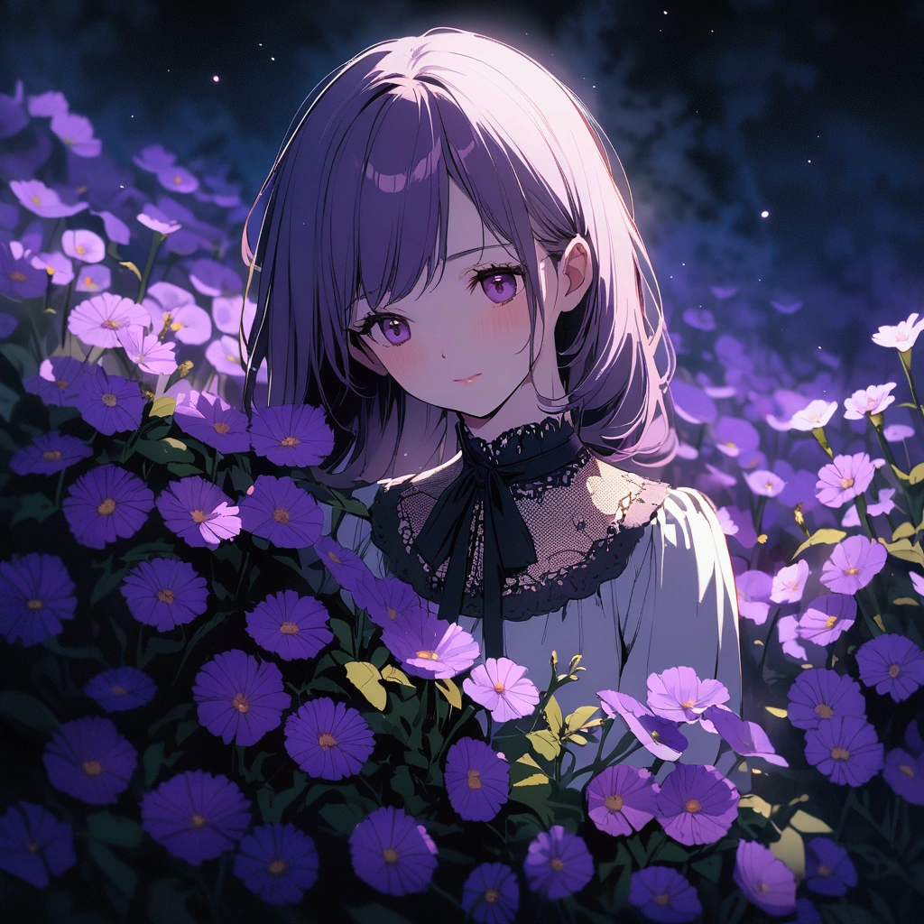 A woman surrounded by purple flowers, simple, nostalgic