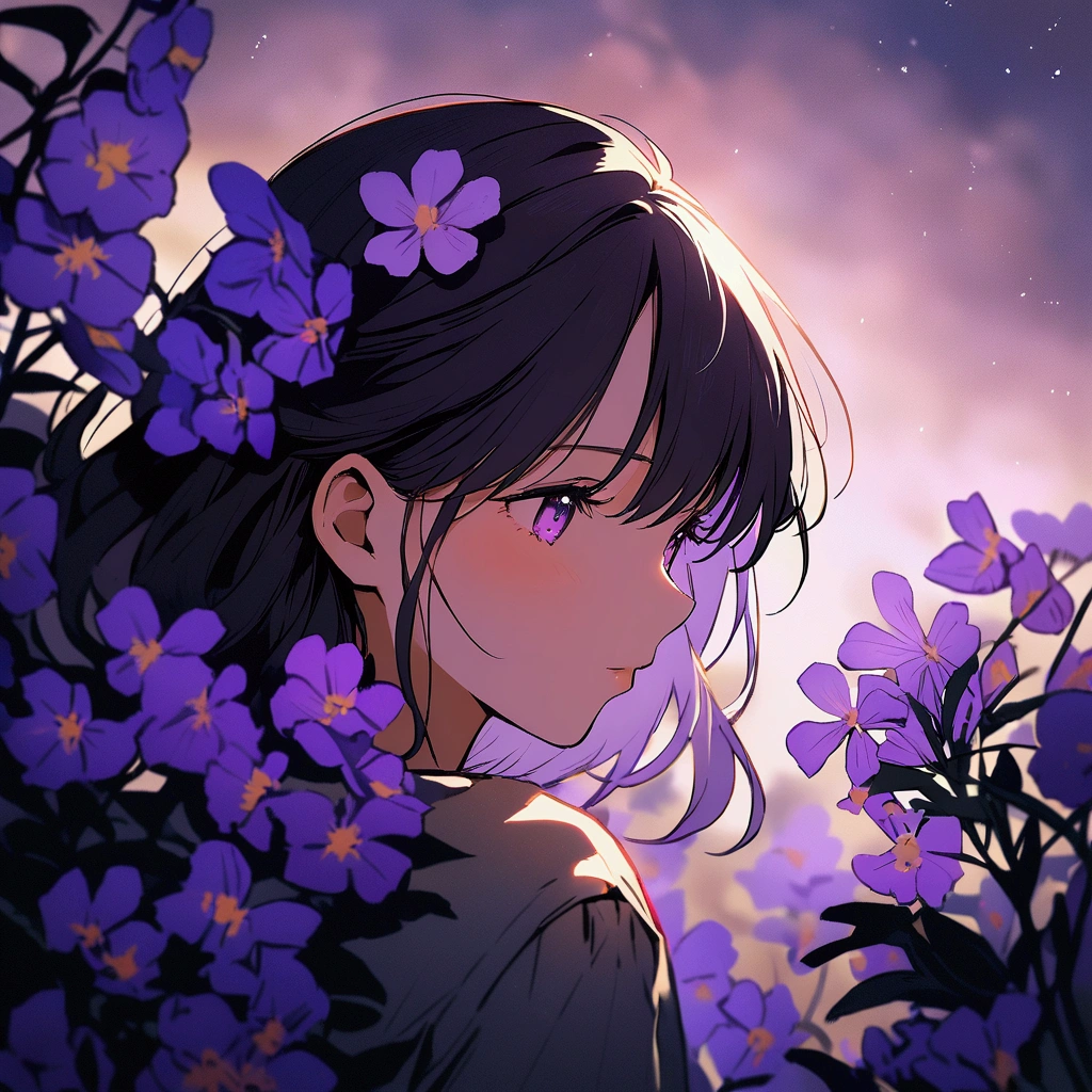 A woman surrounded by purple flowers, simple, nostalgic