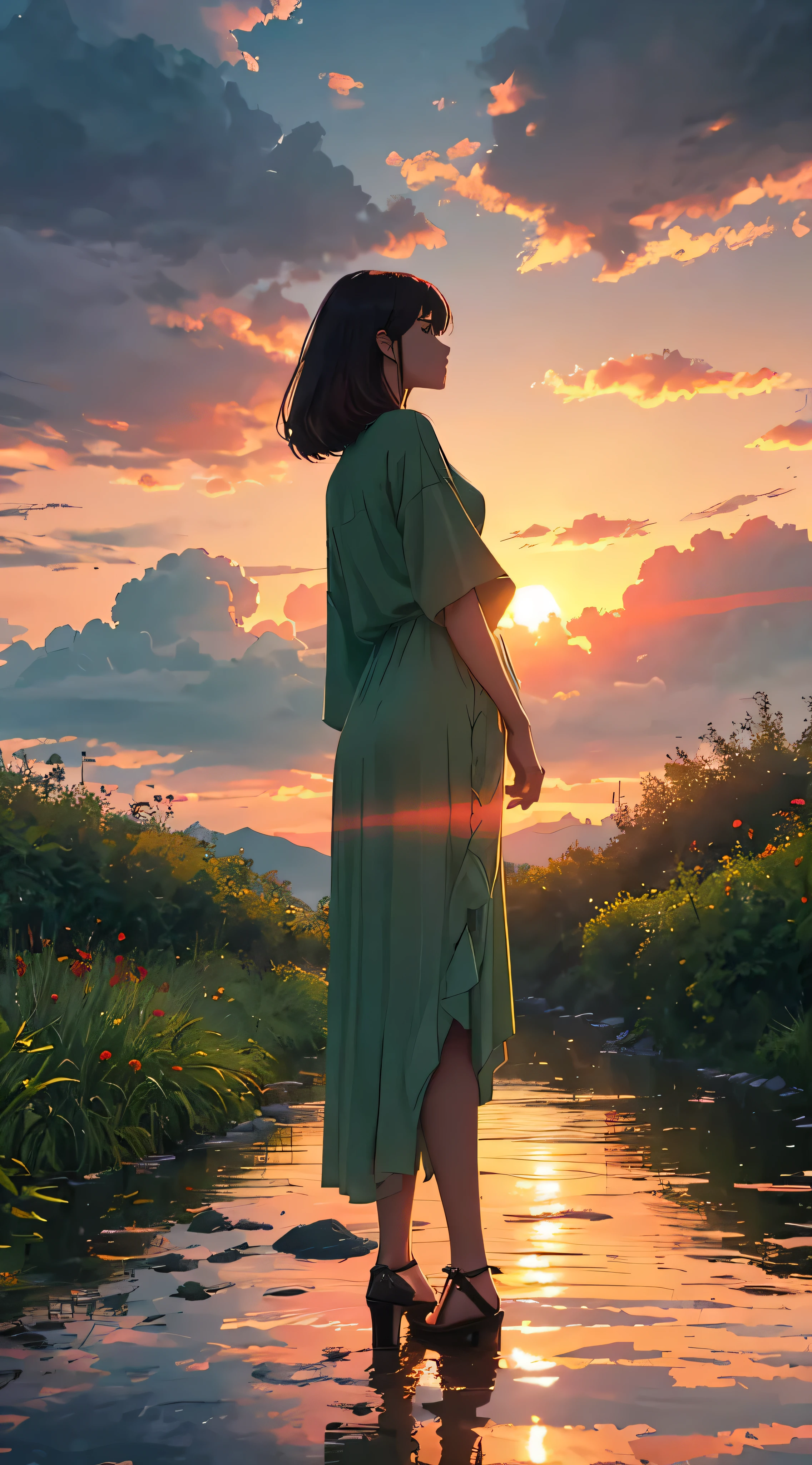 Every sunset carries the promise of a new dawn. Accept the outcome, Paving the way for a beautiful beginning. Nature painting. green, red tint, cloudy, sunset, green、A woman is reflected in the photo.、Back view