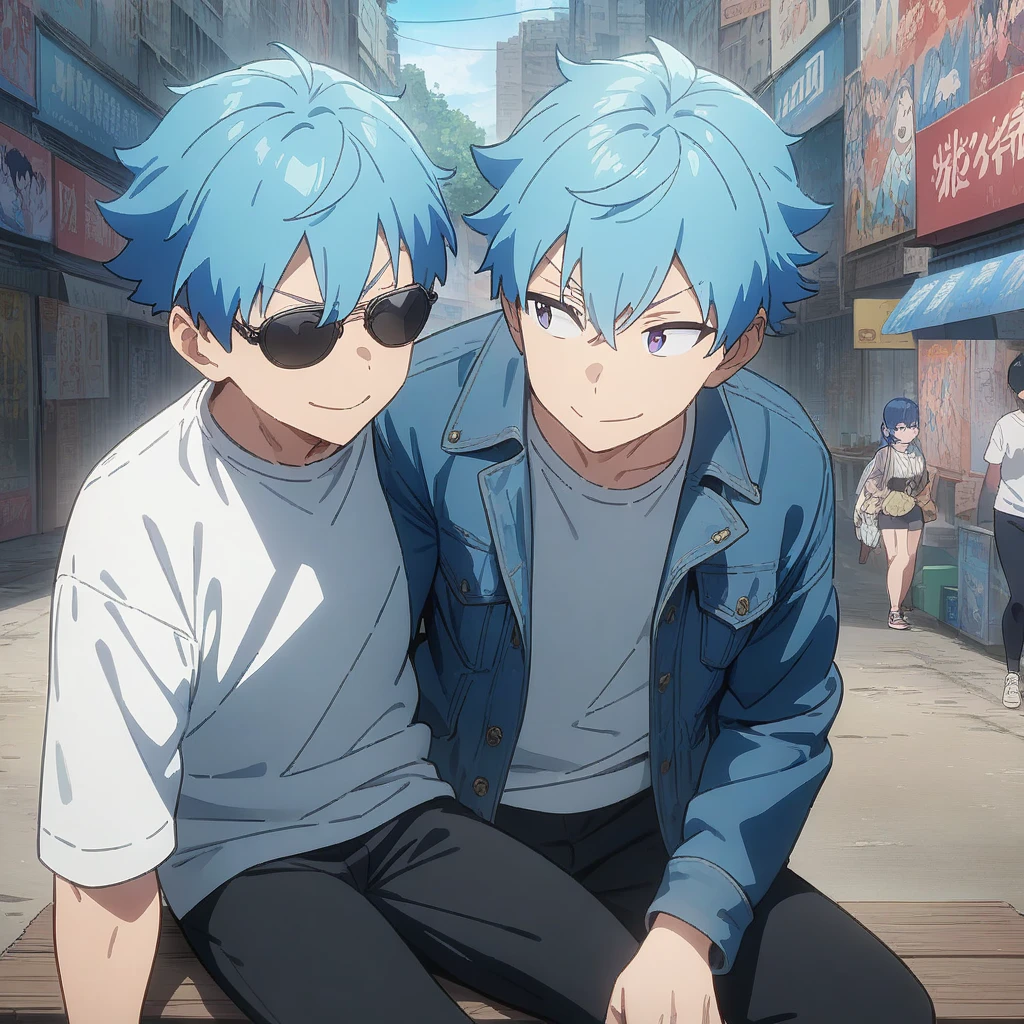 Anime boy with headphones and a bottle with a turquoise background, the bottle is darker and the older boy is another similar one but a little duller, everything is fine but the turquoise landscape background
