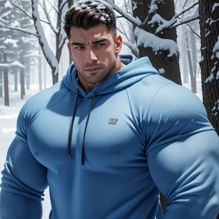 a very handsome young man, covered in snow, massively muscular, with massively large muscles, with massively large biceps, with massively large arms, wearing a simple blue sweatshirt with long sleeves, in a snowy forest