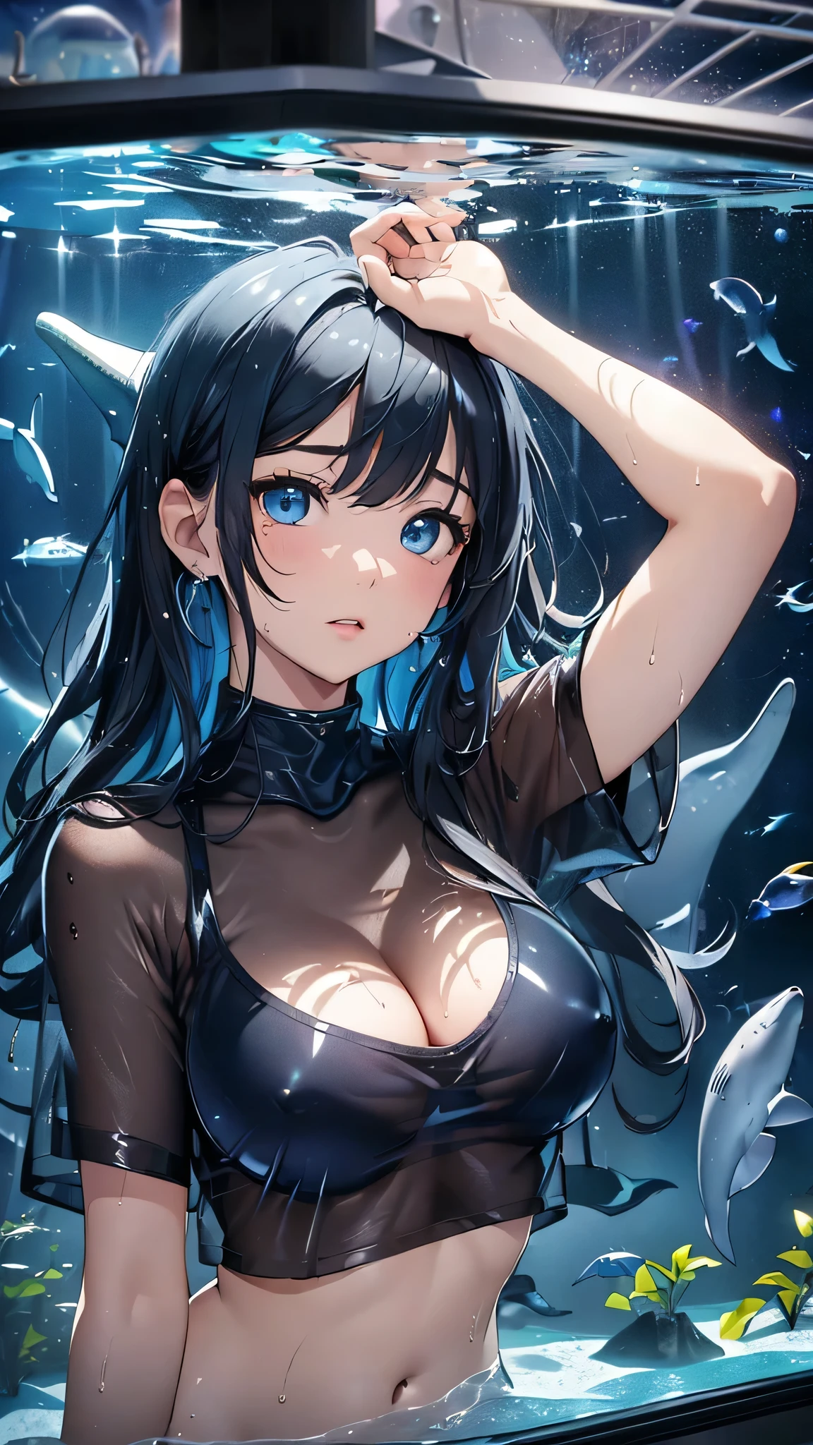 最high quality、Best image quality、masterpiece、With a girl((cute、、Best Bust、Medium Bust、Beautiful Blue Eyes、Spread your chest wide,Black Hair、Disheveled Hair、thin、Highest Valley、My whole body is wet、Have a cider、See-through shirt))high quality、Beautiful art、background((aquarium、shark、Space Sky、Whales、Dolphin)),Tabletop、Exquisite design、Visual Arts、Written boundary depth、Best lighting、Highest detail、8k
