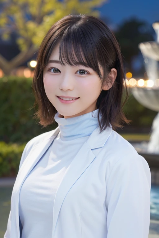 masterpiece, Highest quality, One Woman, (White coat、Light blue turtleneck:1.2), 22 years old、(RAW Photos, Highest quality), (reality, Realistic:1.4), Upper Body、Clean look、Iris、very detailed eyes and face, Beautiful and detailed nose, beautiful eyes, Cinema Lighting, (Plein Air:1.3), Fountain at night, Reflection of light, Perfect Anatomy、Black short hair、bangs、Crystal skin, A cool smile、Face Focus