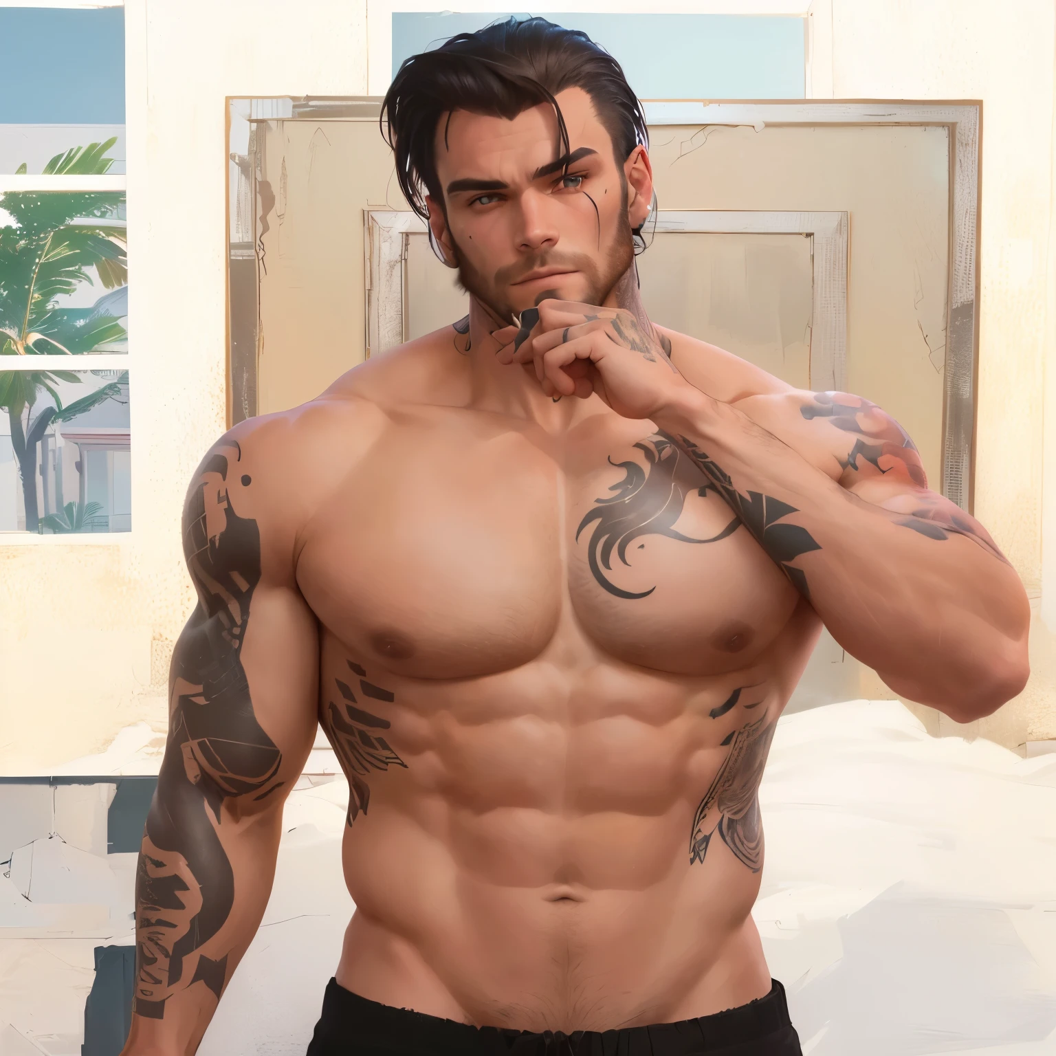 there is a man with a tattoo on his chest and a shirtless torso, meatloaf pose, shirtless :: High detail, highly detailed full body, beautiful realistic upper body, detailed full body, clear skin, detailed full body, upper body avatar, Detailed upper body, Full body closeup, highly Detailed upper body, medium shot of a handsome man