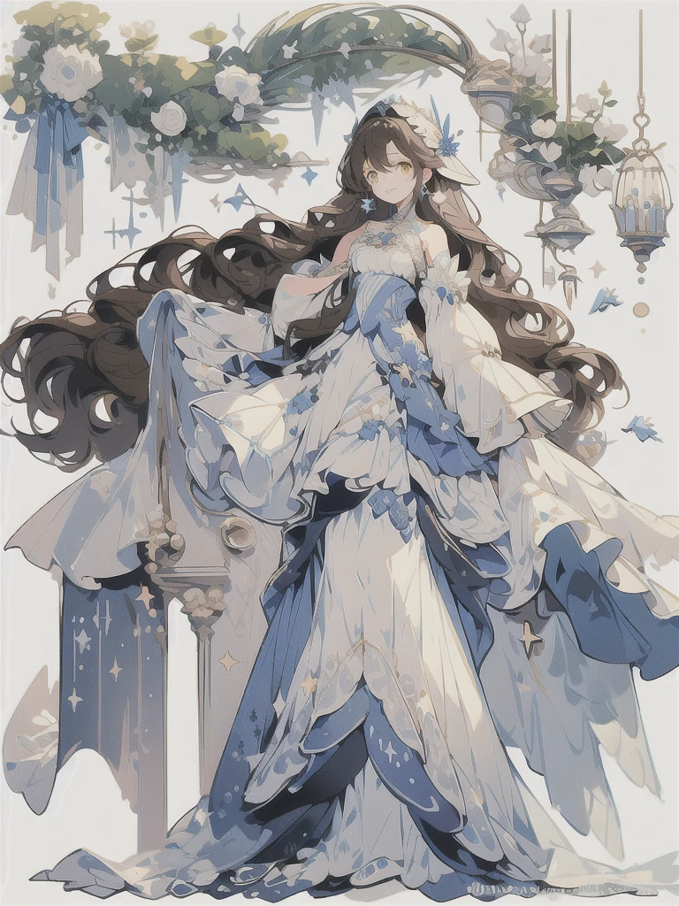 (masterpiece:1.2), best quality,PIXIV,blue dress,
1girl, long hair, dress, solo, white background, very long hair, star (symbol), simple background, full body, white dress, standing, holding, brown hair, hair ornament, long sleeves, wavy hair, bangs, brown eyes, detached sleeves, looking at viewer, sleeves past wrists, jewelry, yellow eyes