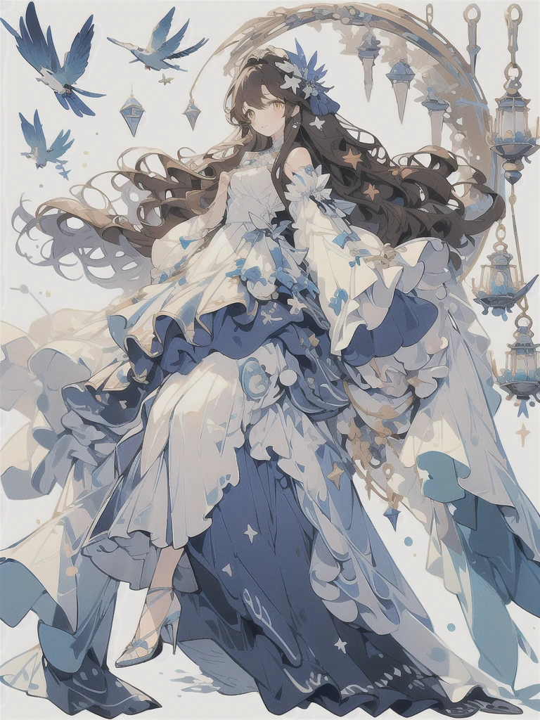 (masterpiece:1.2), best quality,PIXIV,blue dress, 
1girl, long hair, dress, solo, white background, very long hair, star (symbol), simple background, full body, white dress, standing, holding, brown hair, hair ornament, long sleeves, wavy hair, bangs, brown eyes, detached sleeves, looking at viewer, sleeves past wrists, jewelry, yellow eyes
 