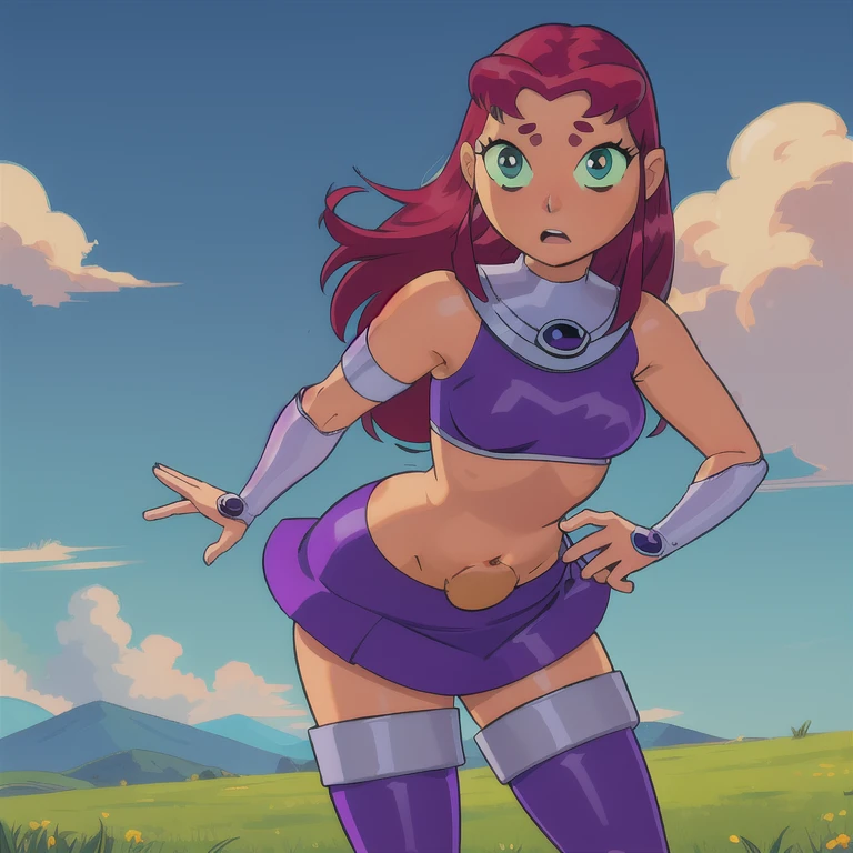 masterpiece, best quality, 1girl, SSBBW, starfire, red hair, long hair, green eyes, orange skin, crop top, midriff, miniskirt, thighhighs, thigh boots, solo, blue sky, cloud, grass, meadow background  