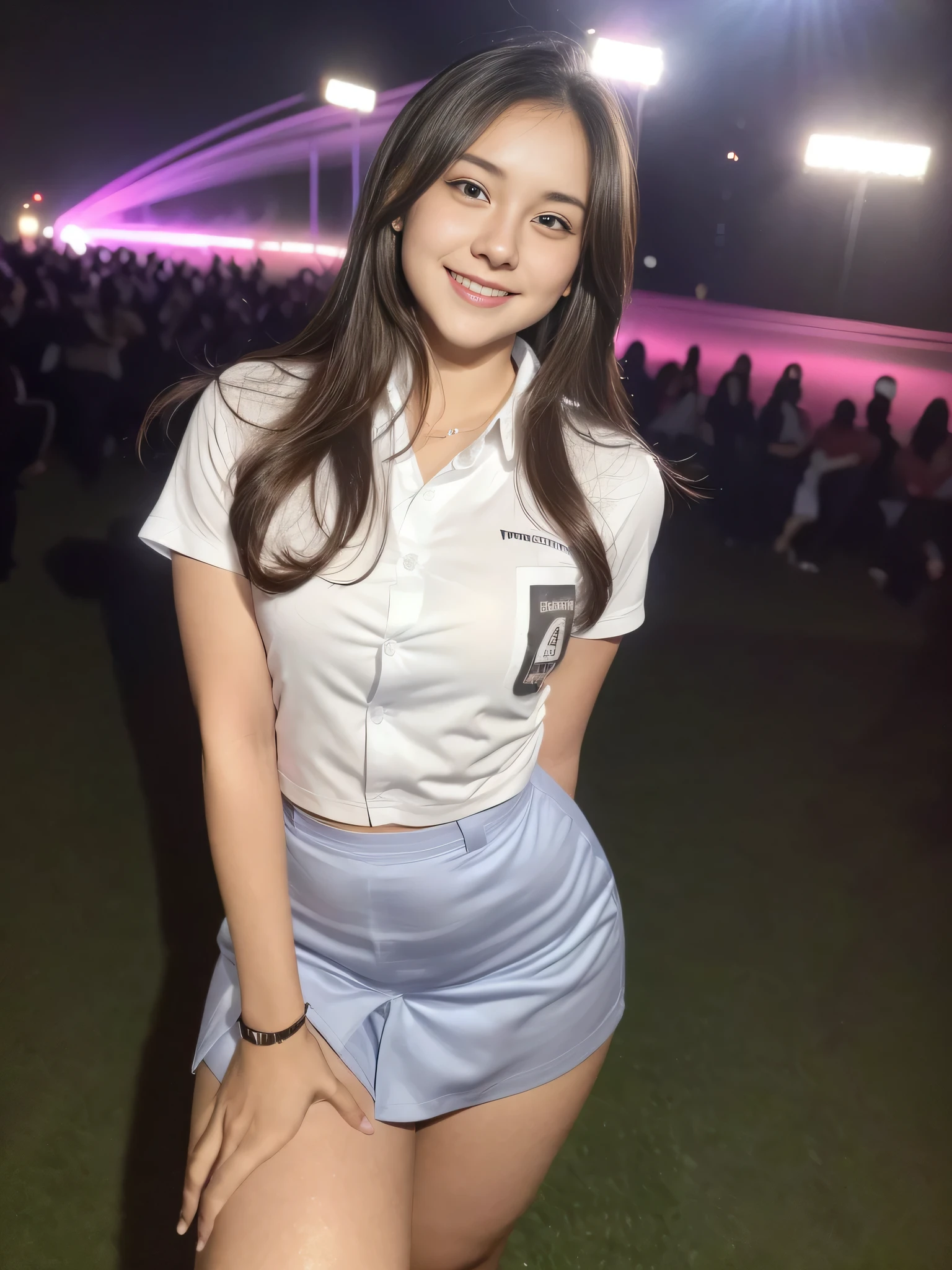 1girl, solo, (uniform), at night club, beautiful realistic city scenery at the background, deep in, cute little smile, thick breasts, smooth skin, tight white shirt, grey blue short skirt, looking at the audience, (ultra high angle shot:1.4), (8k, RAW photo, best quality, masterpiece: 1.3), (realistic, realistic: 1.37), ultra-high resolution, cowboy 