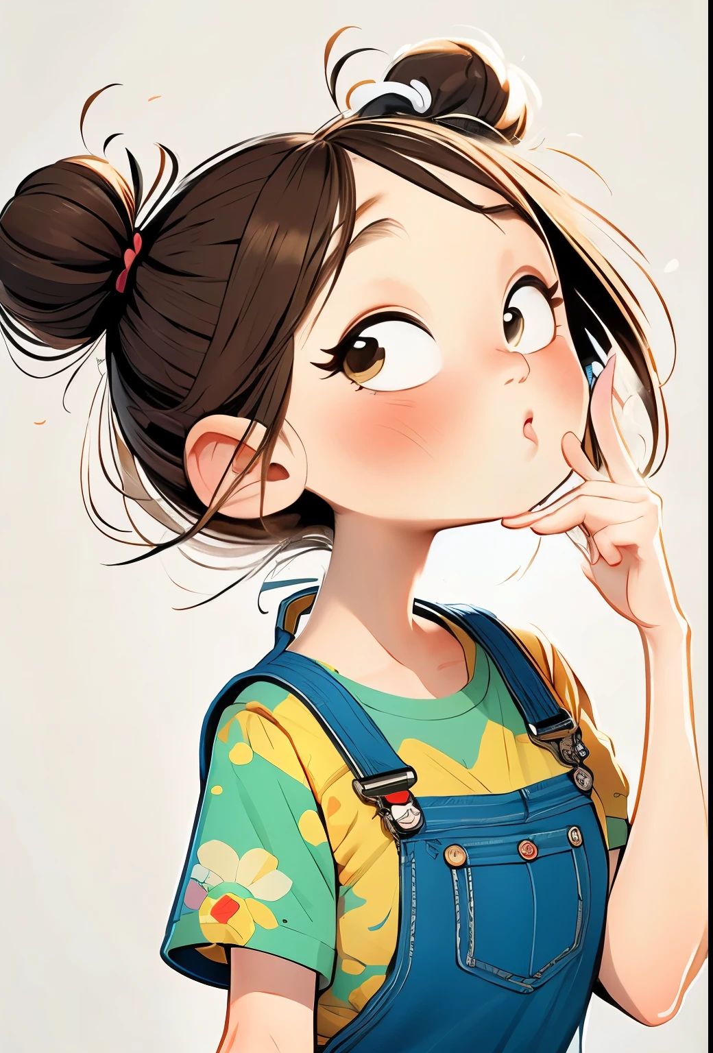 (masterpiece, best quality:1.2), number,cartoonish character design。1 girl, alone,big eyes,Cute expression,1 bun,Floral shirt,Overalls,hand,avatar,portrait,interesting,interesting,clean lines,Human anatomy is correct