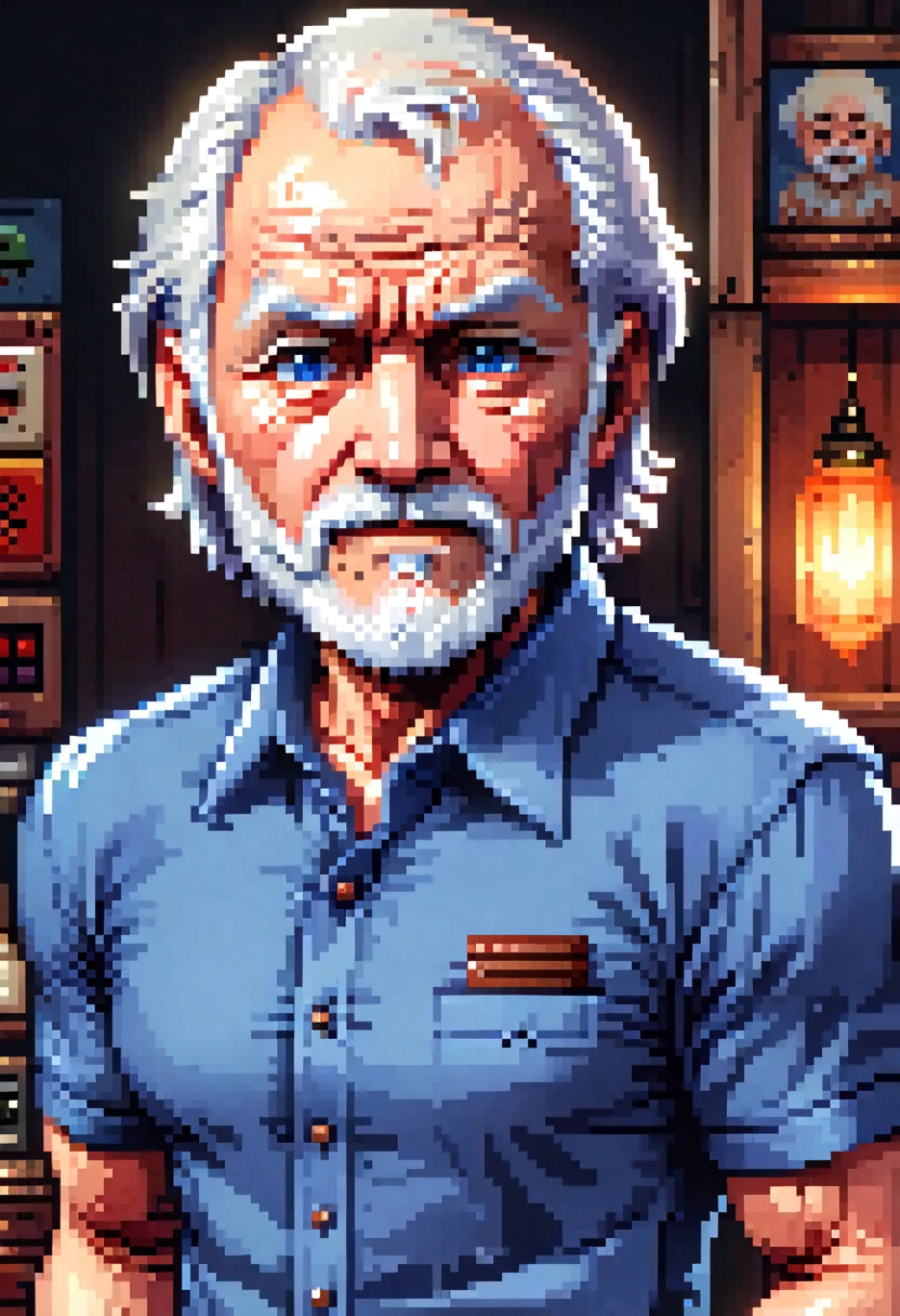 Hide the pain Harold, Retro game, Retro-style characters, blue business shirt, (​masterpiece, best quality, perfect composition, Very aesthetically pleasing, most absurd, Ultra-detail, Intricate detailing, Specialist, offcial art, Representative work:1.3)
