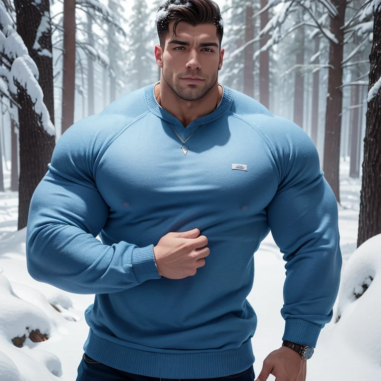 a very handsome young man, covered in snow, massively muscular, with massively large muscles, with massively large biceps, with massively large arms, wearing a simple blue sweatshirt with long sleeves, in a snowy forest