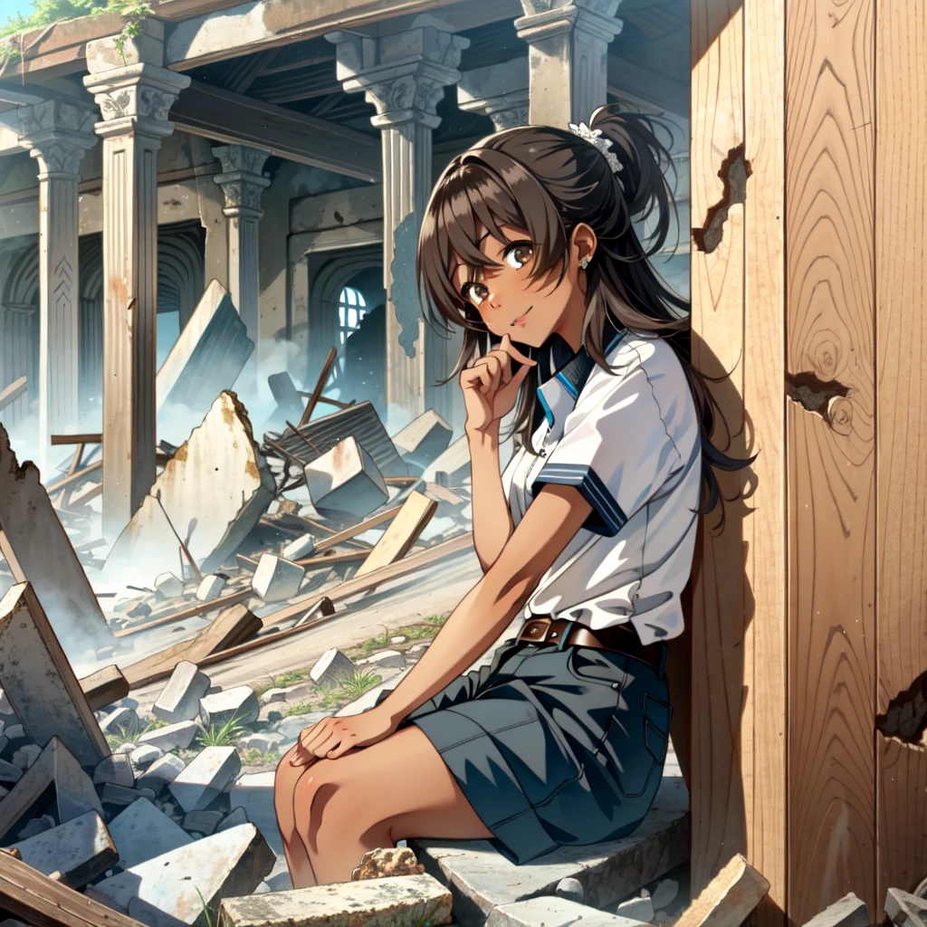 14-year-old girl、((Dark Skin))、((Brown skin))、Happiness、Serious、Black Diamond、ruins、ancient ruins、Archeologist、trip、Seriousに考えこむ、Sitting in the ruins、rubble