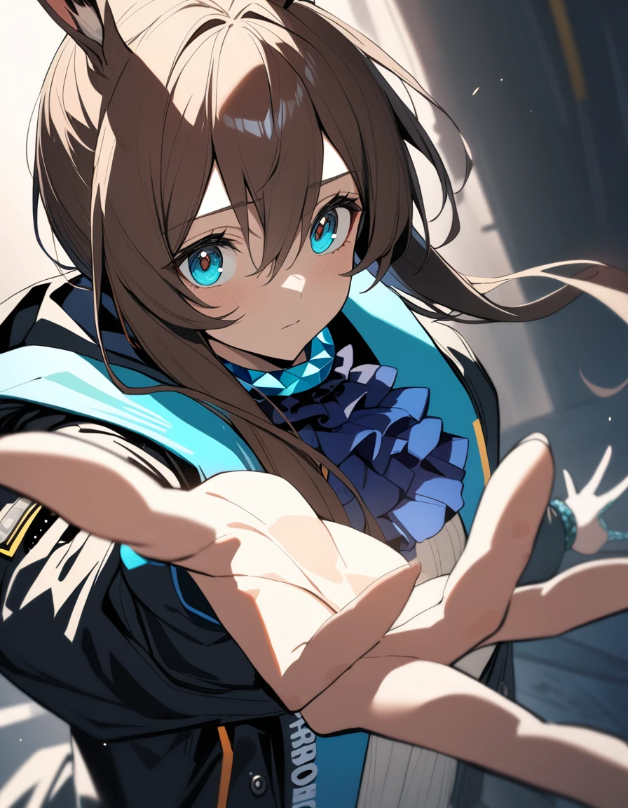 1girl, amiya \(arknights\), arknights, dirty face, outstretched hand, close-up, cinematic angle, foreshortening, dark, dark background, masterpiece, best quality