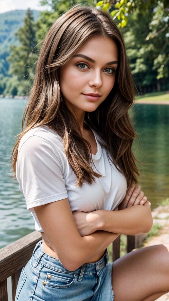 Face of a beautiful Russian girl.., Medium-length brown hair, expressive brown eyes , slightly snub nose , dimples , oval face shape , thin chin ,white mother , denim shorts short, White sneakers , sunlight, Outdoors , shore of the lake