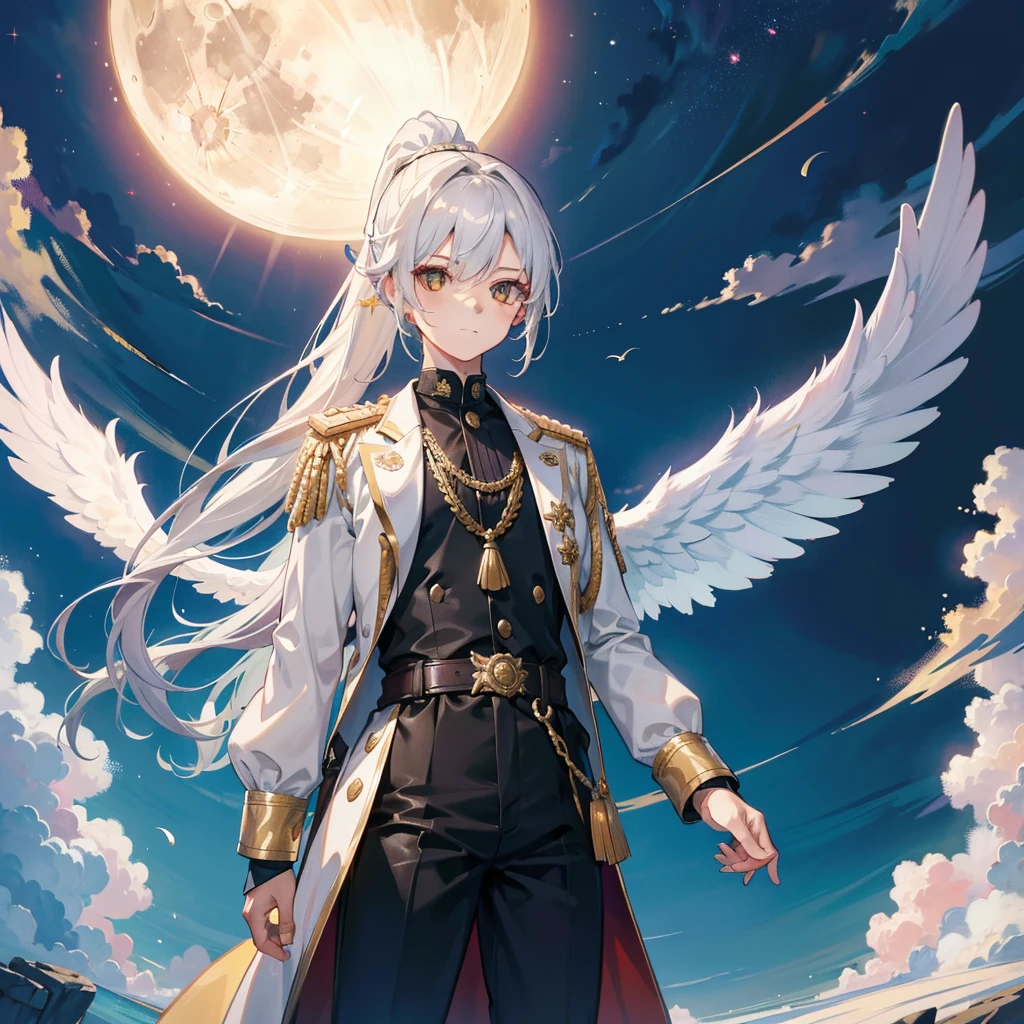 Best quality, masterpiece, boy, светло голубые hair, fabric bandage on 1 eye, Ponytail, Golden eyes, fantasy military clothing, nimbus, Angel wings ,hair,White skin, against the background of the moon, Light from the Moon, ultra detail, 8k, boy, небесно голубые hair, fantasy pants