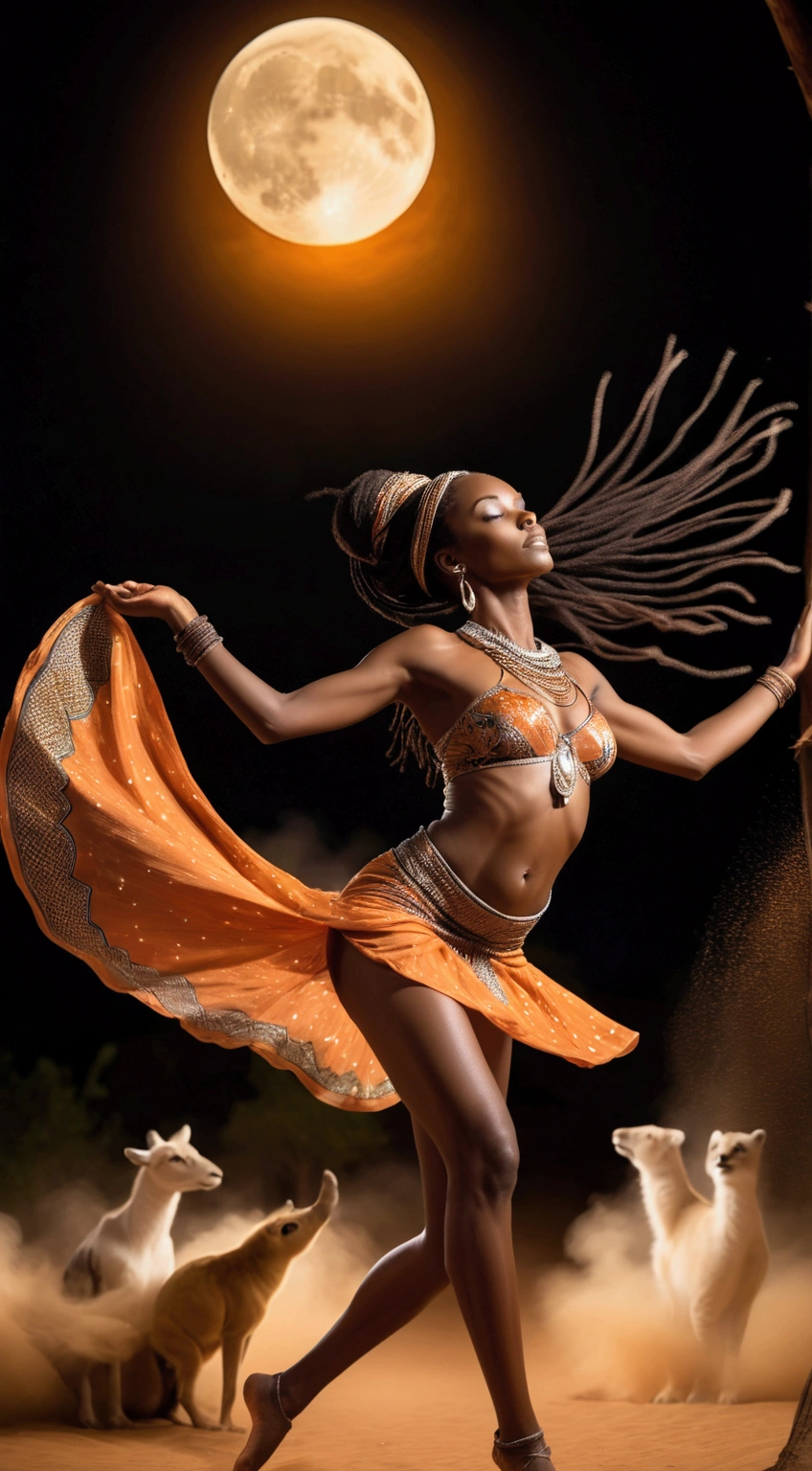 long exposure photo of a sexy tall girl as African dancer in motion, full body, wilderness dancer dress, dancing in the moon night, shiny porcelain skin, few animals behind, focus on the girl, soaring the sky, blurred edges, (low angle)++, below view, slow shutter speed motion photography, whirl dust trail behind, shot on FujiFilm XT4 camera f/2. ISO 200, dynamic motion, cinematic movement, blurry edges, super detailed, perfect face, perfect motion, side view, best quality, dust trail along the motion with a fire element transition movement of color background