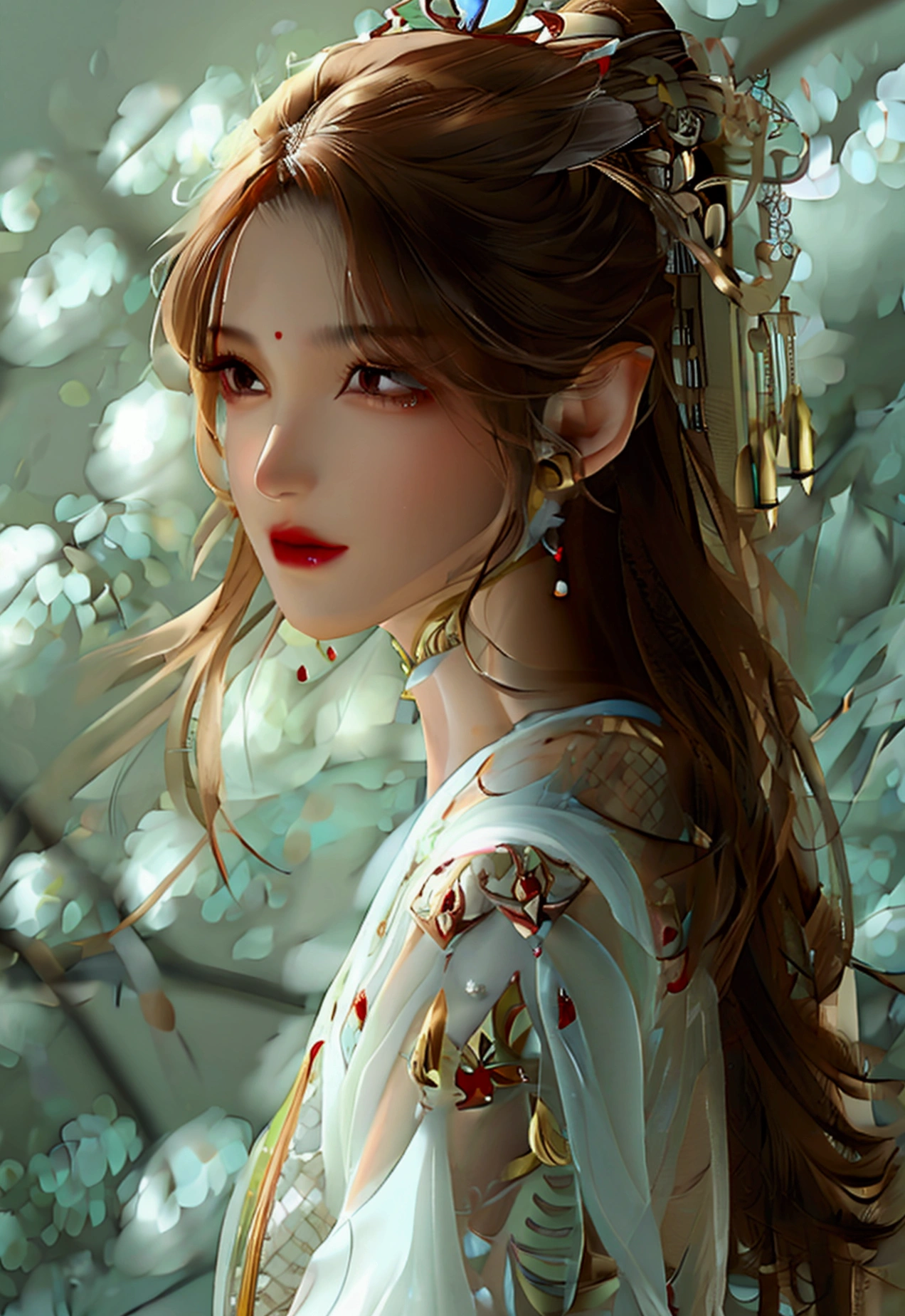 4K, UHD, Masterpiece, 1 woman, perfect body, Good page., long hairมาก, ((white skin)), red chinese dress, bare waist, Fuji Color, depth of field, Ray Tracing, Ultra Realistic Details, Attractive poses, She has a slim, beautiful, and delicate face.., sharp eyes, long hair, responsive face, high nose, and thin lips, Her skin was white and radiant.., She has light brown hair.., And her figure was slim and slightly muscular.