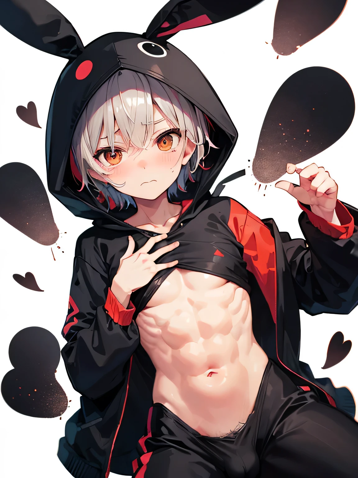 One man, short hair, teary eyes, short, skinny, tanned, black bunny suit, rabbit ears, pectoral muscles, black penis, embarrassed face, hand on mouth, hand on lower abdomen, red cheeks, shy, crouching, hoodie, light clothing, front, white background, highest quality, highest resolution