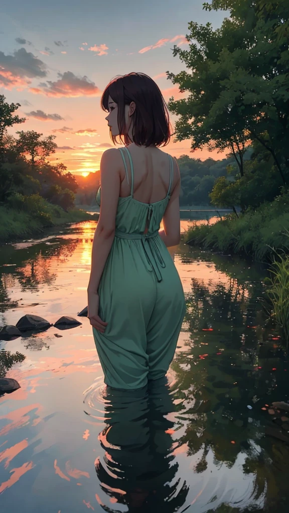 Every sunset carries the promise of a new dawn. Accept the outcome, Paving the way for a beautiful beginning. Nature painting. green, red tint, cloudy, sunset, green、A woman is reflected in the photo.、Back view