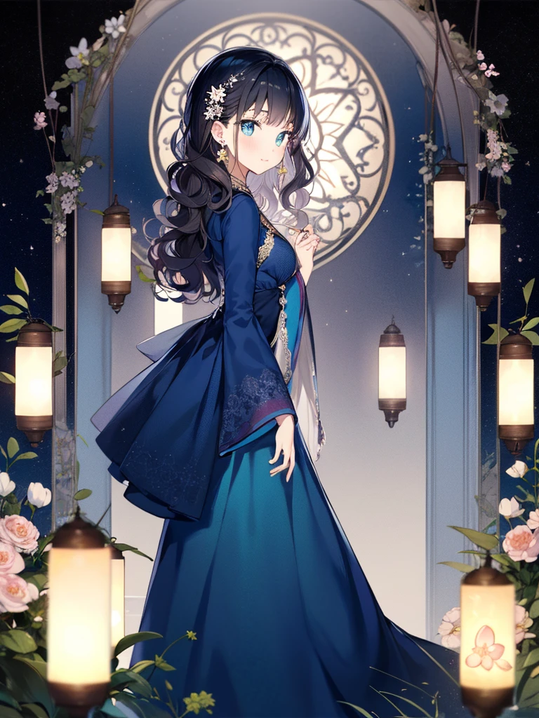 (masterpiece:1.2),best quality,PIXIV,first love,
1girl,long hair,dress,black hair,blue eyes,multiple views,holding,looking at viewer,flower,blush,star (symbol),white background,long sleeves,jewelry,simple background,bow,lantern,wide sleeves,blue dress,holding flower,earrings,hair ornament,bangs,standing,from side,full body,closed mouth,wavy hair,