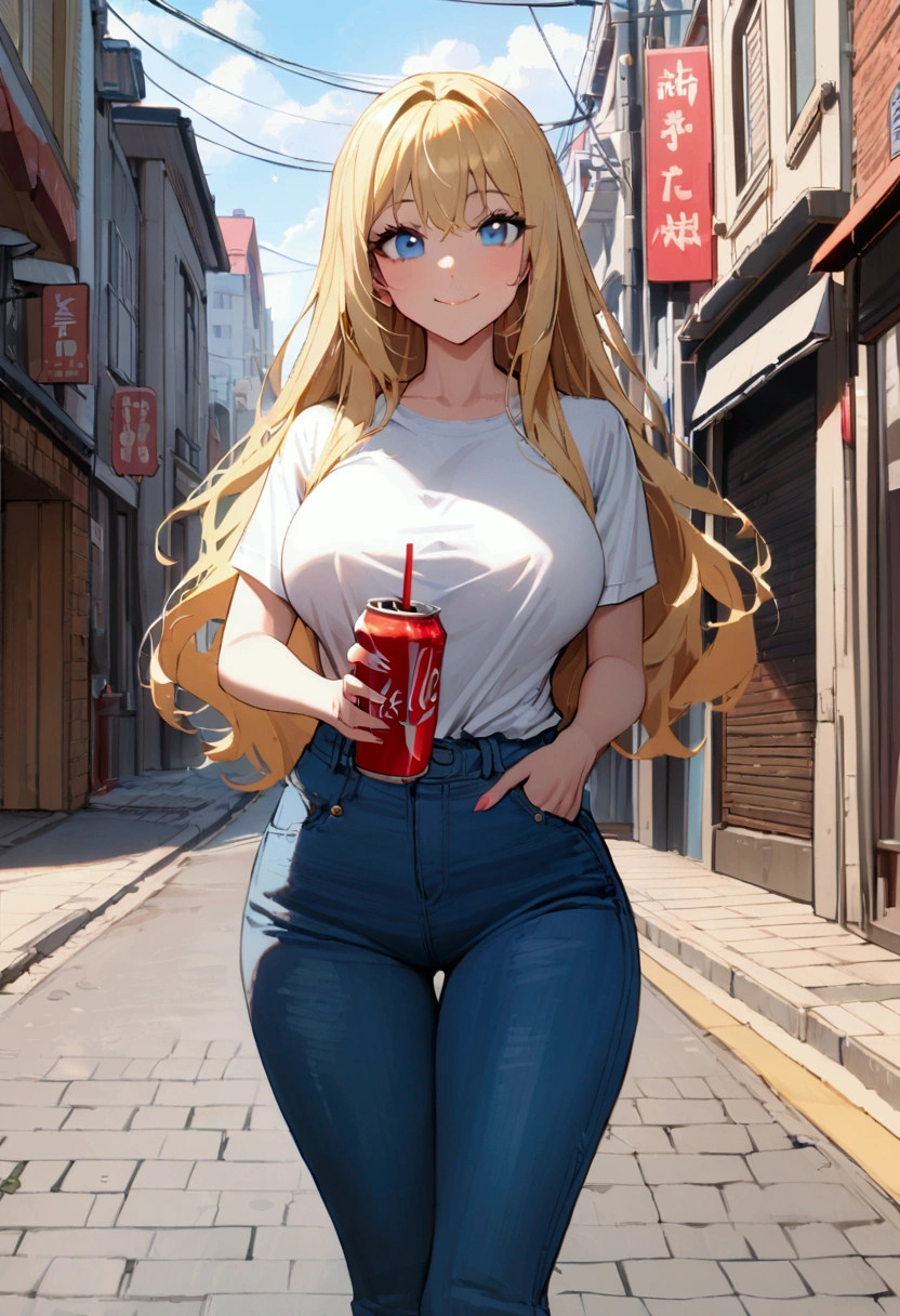 1girl with long blonde hair, blue eyes, smile, big breasts, white t shirt and jeans, street, 1soda in hand,