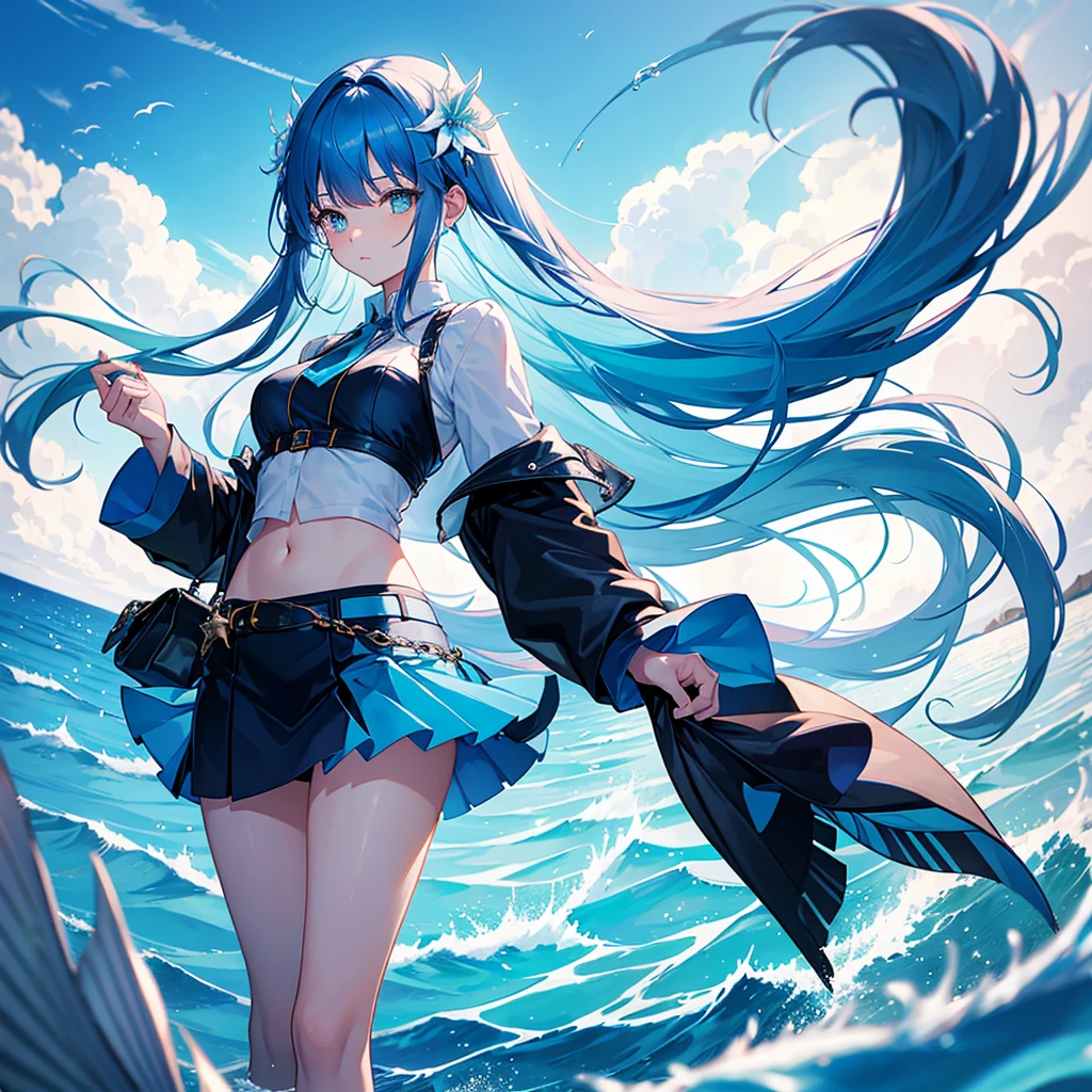 The female has a blue fish tail and no legs. long blue hair with bangs blue miniskirt ocean flower