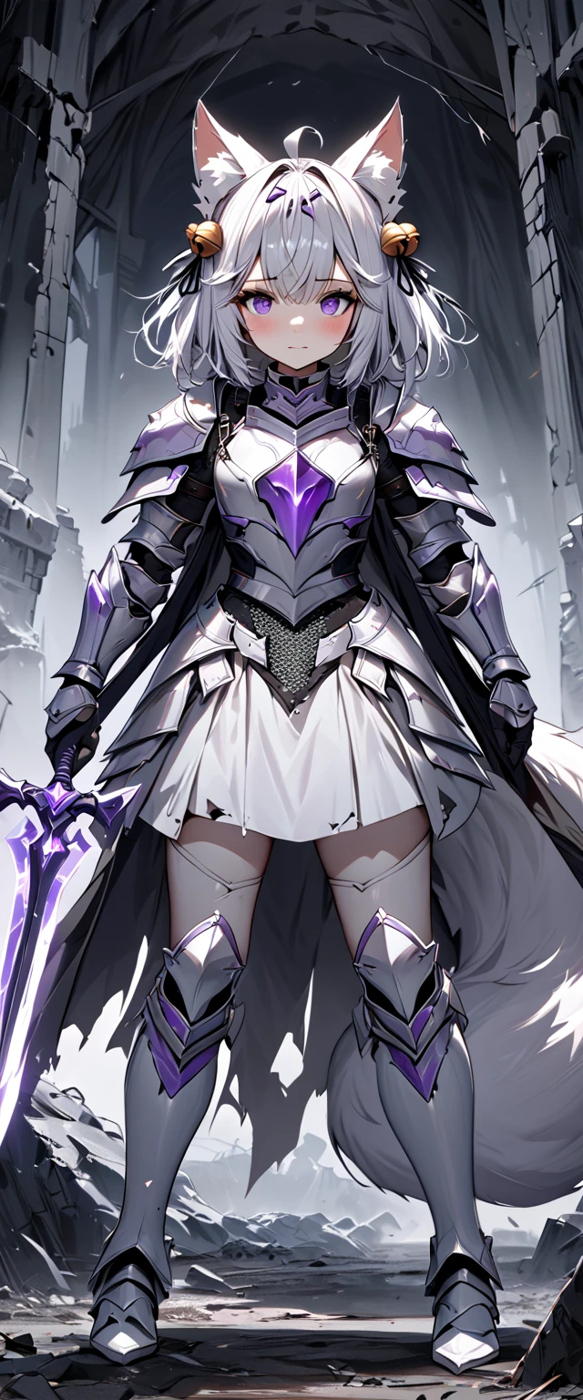 UHD, masterpiece, best quality, extremely detailed, anatomically correct, sharp focus, midnight, gloomy atmosphere, frontal light, soft light, diffused light, shade, no shadow, ((battlefield)), abandoned castle, broken castle, broken walls, broken floors, broken windows, broke glass, 1girl, solo, Filian, fox tail, small cat ears, white hair, short hair, shoulder length hair, ahoge, (purple hairclip:1.4), (hair bell:1.3), hair ornament, hair bell, big eyes, deep violet eyes, blush, closed mouth, slight smile, white knight's armor, white breastplate, white gauntlet, slim arms, hands wielding black crystal sword, white armored skirt, (chainmail chausses), slim legs, white leg armor, white greaves, white armored boots, full body shot, full body pose, Eye-Level Shot, front view, full body pose,