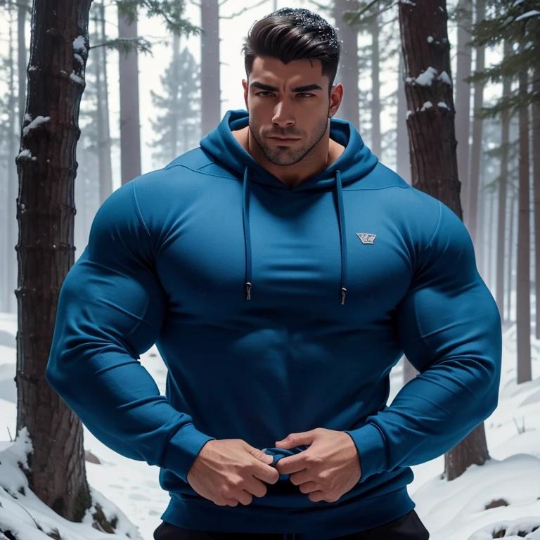 a very handsome young man, massively muscular, with massively large muscles, with massively large biceps, with massively large arms, wearing a simple blue sweatshirt with long sleeves, in a snowy forest