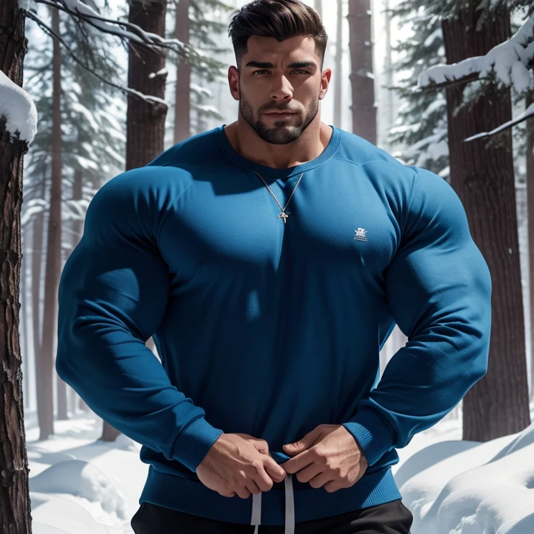 a very handsome young man, massively muscular, with massively large muscles, with massively large biceps, with massively large arms, wearing a simple blue sweatshirt with long sleeves, in a snowy forest