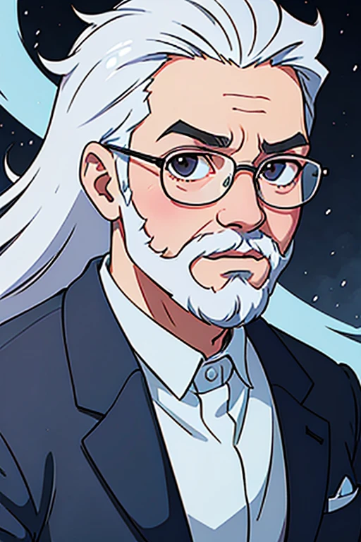 cartoon of a man with a beard, glasses and suit, nerd man character portrait, anime character portrait, Hayao Miyazaki Style, your manga portrait, white hair and white beard, Ueshiba Riichi, not style of hayao miyazaki, anime portrait of a handsome man, a portrait of the character, old man in Tokyo at night, Other poses and expressions, Dash drawing 
