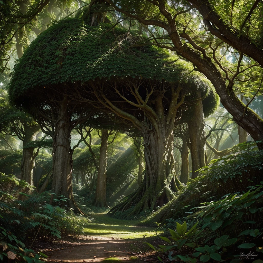 a mystical forest, giant magical trees, glowing mushrooms, overgrown vines, sunbeams piercing through the canopy, fantasy landscape, intricate details, lush vegetation, vibrant colors, whimsical atmosphere, dramatic lighting, surreal and dreamlike