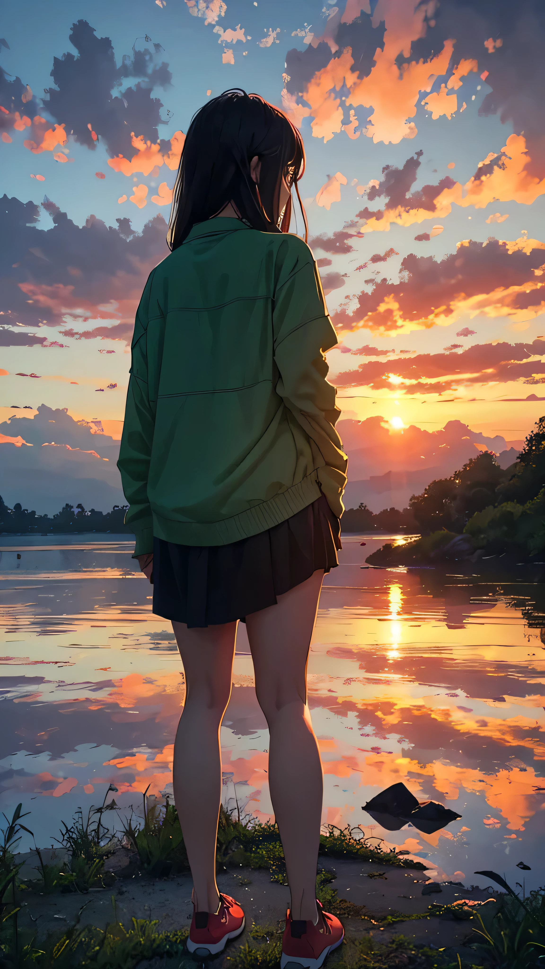 Every sunset carries the promise of a new dawn. Accept the outcome, Paving the way for a beautiful beginning. Nature painting. green, red tint, cloudy, sunset, green、A woman is reflected in the photo.、Back view
