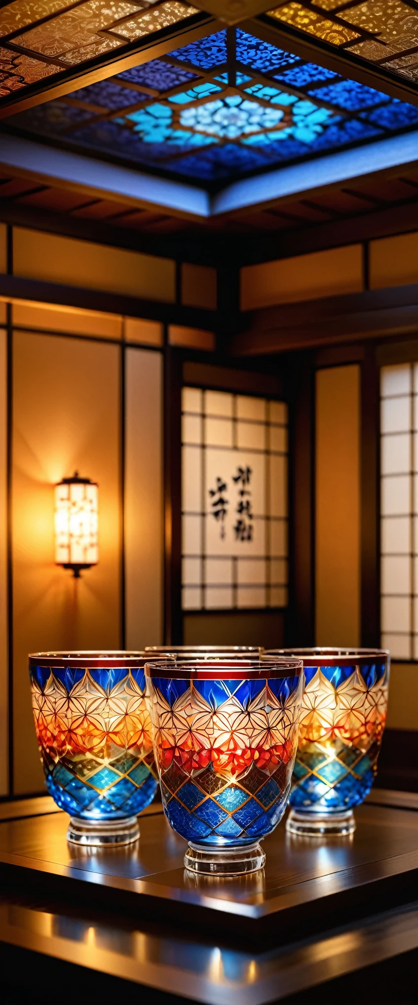 (masterpiece:1.2, Highest quality,Highest quality,Very detailedな:1.2),(Very detailed),8k,(Realistic),(RAW Photos:1.2),Elaborate photos,8k,wallpaper,(Written boundary depth),(Sophisticated lighting:1.2),Beautiful glass cups are displayed in the Japanese-style room.,(A glass cup with a beautiful geometric pattern that resembles a kaleidoscope),(Japanese traditional craft style)
