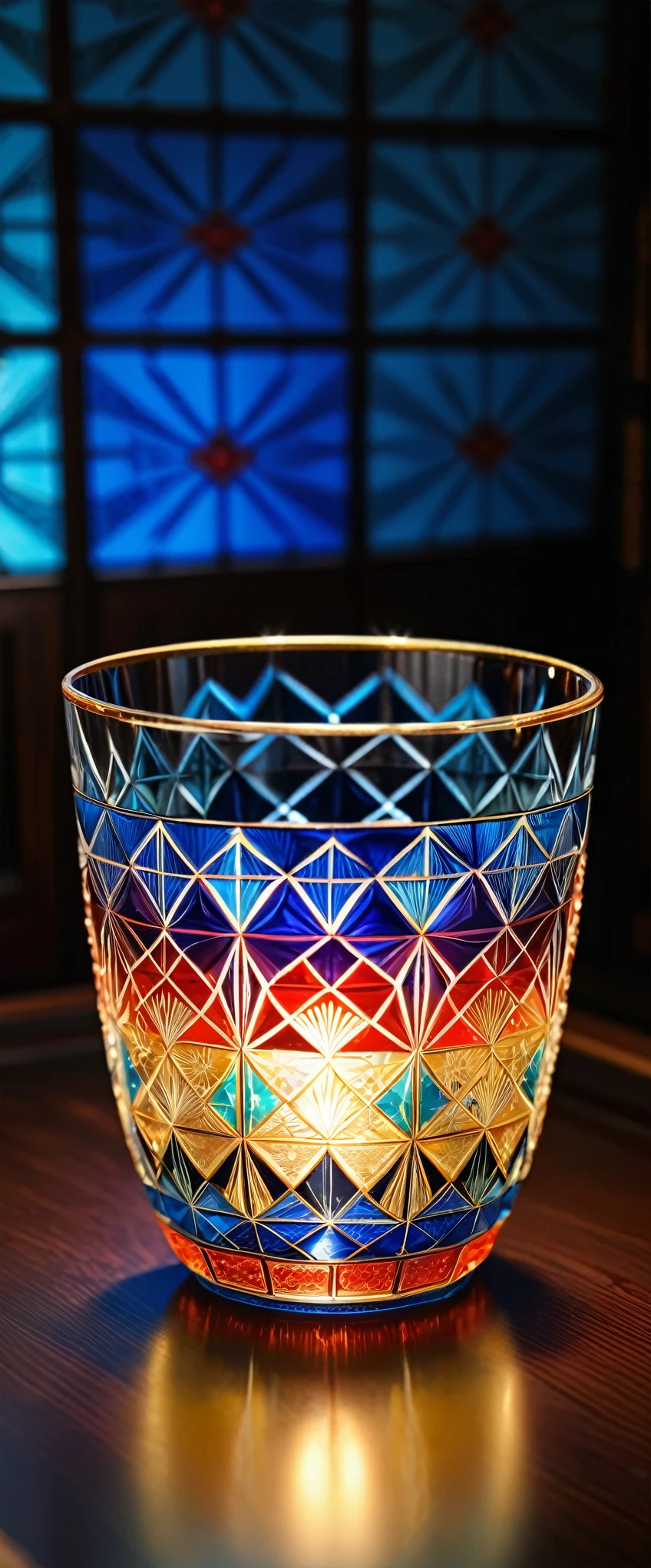 (masterpiece:1.2, Highest quality,Highest quality,Very detailedな:1.2),(Very detailed),8k,(Realistic),(RAW Photos:1.2),Elaborate photos,8k,wallpaper,(Written boundary depth),(Sophisticated lighting:1.2),Beautiful glass cups are displayed in the Japanese-style room.,(A glass cup with a beautiful geometric pattern that resembles a kaleidoscope),(Japanese traditional craft style)