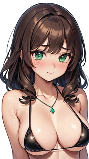 ((Tabletop, Highest quality, High resolution, Hmph, Pixel perfect, Written boundary depth, 4K, Hmph, Hmph))), 1 girl, single, alone, Beautiful Anime Girls, Beautiful art style, Anime characters, ((Curl hair outward, bangs, Brown Hair)), ((Green Eyes:1.4, Round eyes, Beautiful eyelashes, Realistic eyes)), ((Detailed face, blush:1.2)), ((Smooth texture:0.75, Realistic texture:0.65, Realistic:1.1, Anime CG style)),  Dynamic Angle, ((Black shiny patterned micro bikini, Fashionable, 1 diamond necklace)), smile,  Hotel swimming pool ,evening