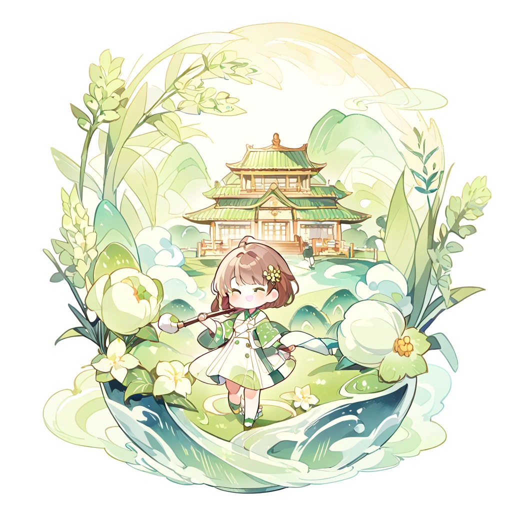 have fun,Hold a brush in hand,I wish you happiness and good health,Depth of detail,Q version three-headed body,Transparent watercolor、girl、Beautiful arrangement and theme、Write Depth、Flat Avatar, 1girl, (Brown short hair),Fashionable design clothing(Green and White)),Green meadow in background、 Lovely girl, plain attire, Big avatar,