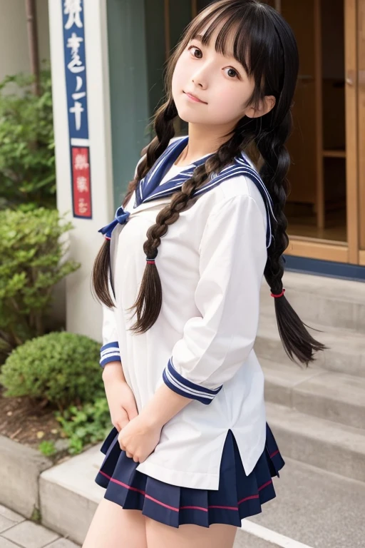 Japanese female junior high school student, , cute, long braids, sailor uniform, looking up from thighs, flushed cheeks、Thighs and girlish buttocks。