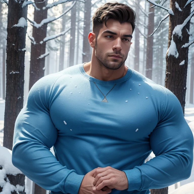 a very handsome young man, massively muscular, with massively large muscles, with massively large biceps, with massively large arms, wearing a simple blue sweatshirt with long sleeves, lying in the snow of a snowy forest, seen close up