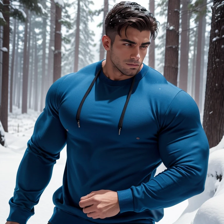 a very handsome, massively muscular man, with massively large muscles, with massively large biceps, wearing a simple light blue sweatshirt with a zipper and long sleeves, in a snowy forest