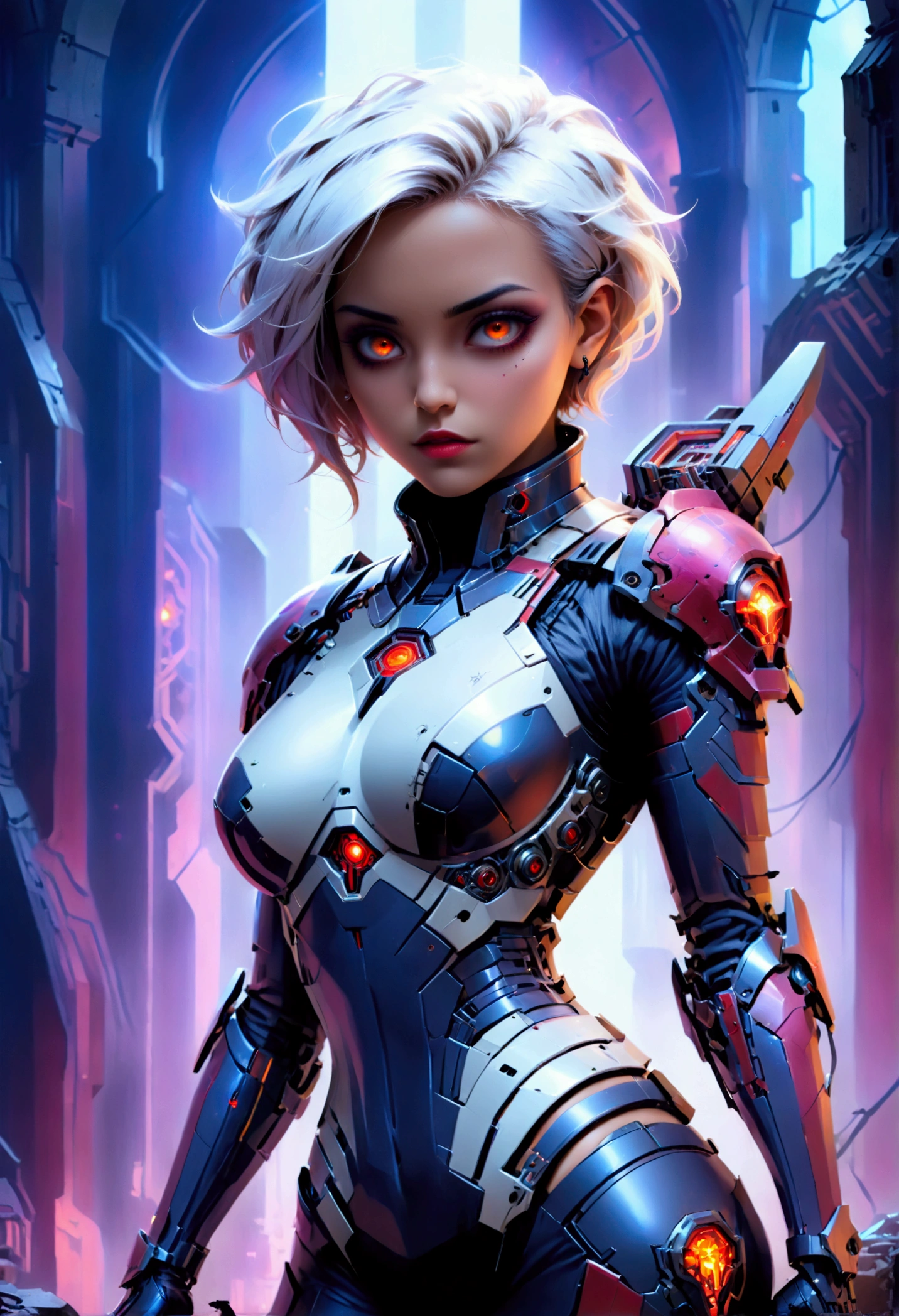 a portrait of mecha female vampire in a dark gothic cyberpunk church, an exotic exquisite beautiful mecha female vampire, dynamic hair color, short hair, dynamic eyes color, intense eyes, glowing eyes, dynamic eyes color, wearing intricate mech armor, delicate mech armor, delicate blood veins in the armor, wearing thigh high heeled boots, dark gothic cyberpunk church background, vibrant, Ultra-high resolution, High Contrast, (masterpiece:1.5), highest quality, Best aesthetics), best details, best quality, highres, 16k, (ultra detailed: 1.5), masterpiece, best quality, (extremely detailed) RAW, (ultra details, Masterpiece, best quality), Dark Art Painting Style