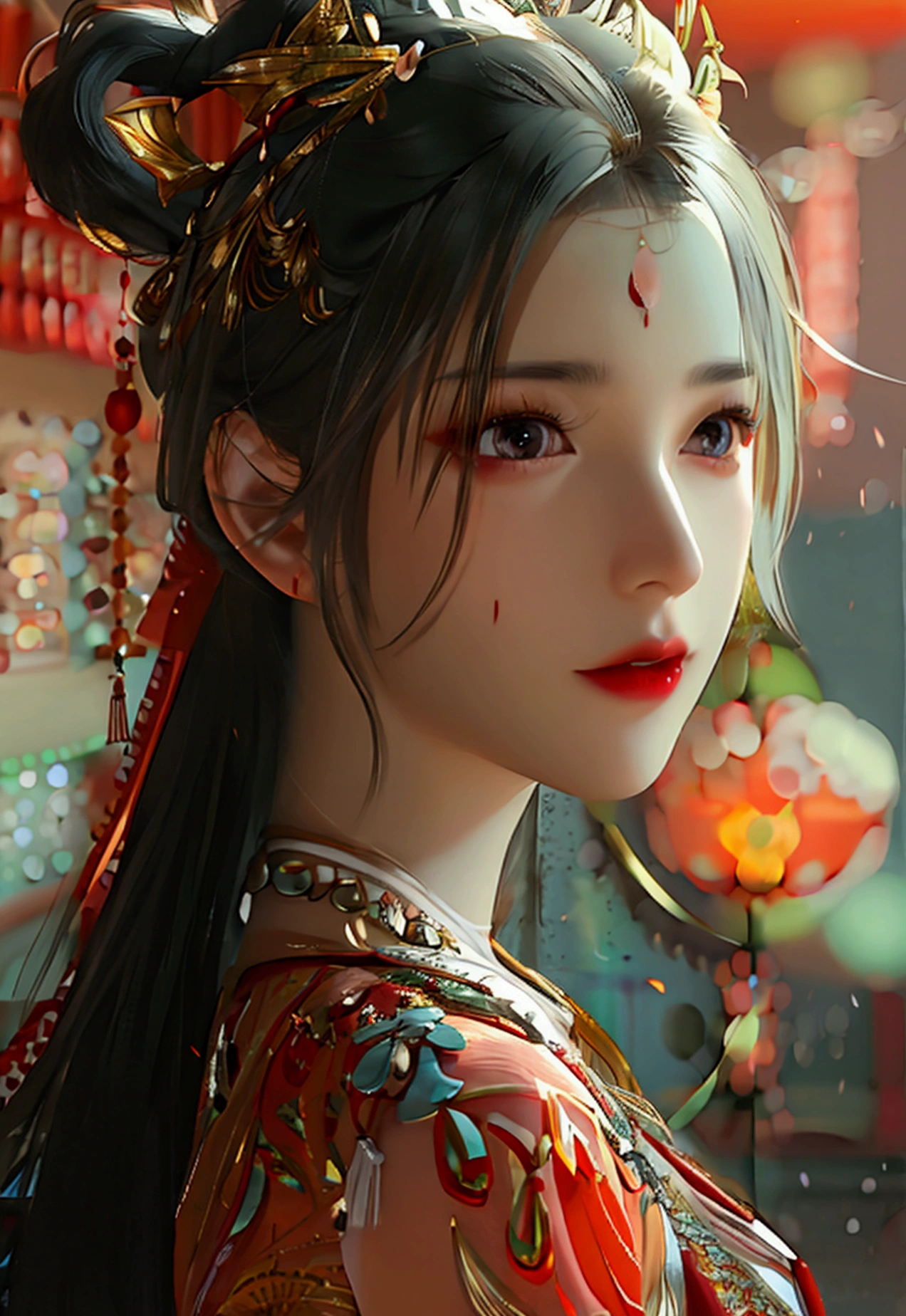 4K, UHD, Masterpiece, 1 woman, perfect body, Good page., long hairมาก, ((white skin)), red chinese dress, bare waist, Fuji Color, depth of field, Ray Tracing, Ultra Realistic Details, Attractive poses, She has a slim, beautiful, and delicate face.., sharp eyes, long hair, responsive face, high nose, and thin lips, Her skin was white and radiant.., She has light brown hair.., And her figure was slim and slightly muscular.